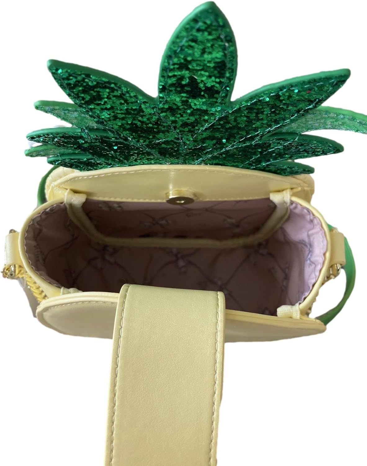 Betsey Johnson Kitsch XO PRICKL Tropical Pineapple Quilted Studded 3D Embroidered Flower Glitter Detailed Yellow Faux Leather Small Crossbody Handbag