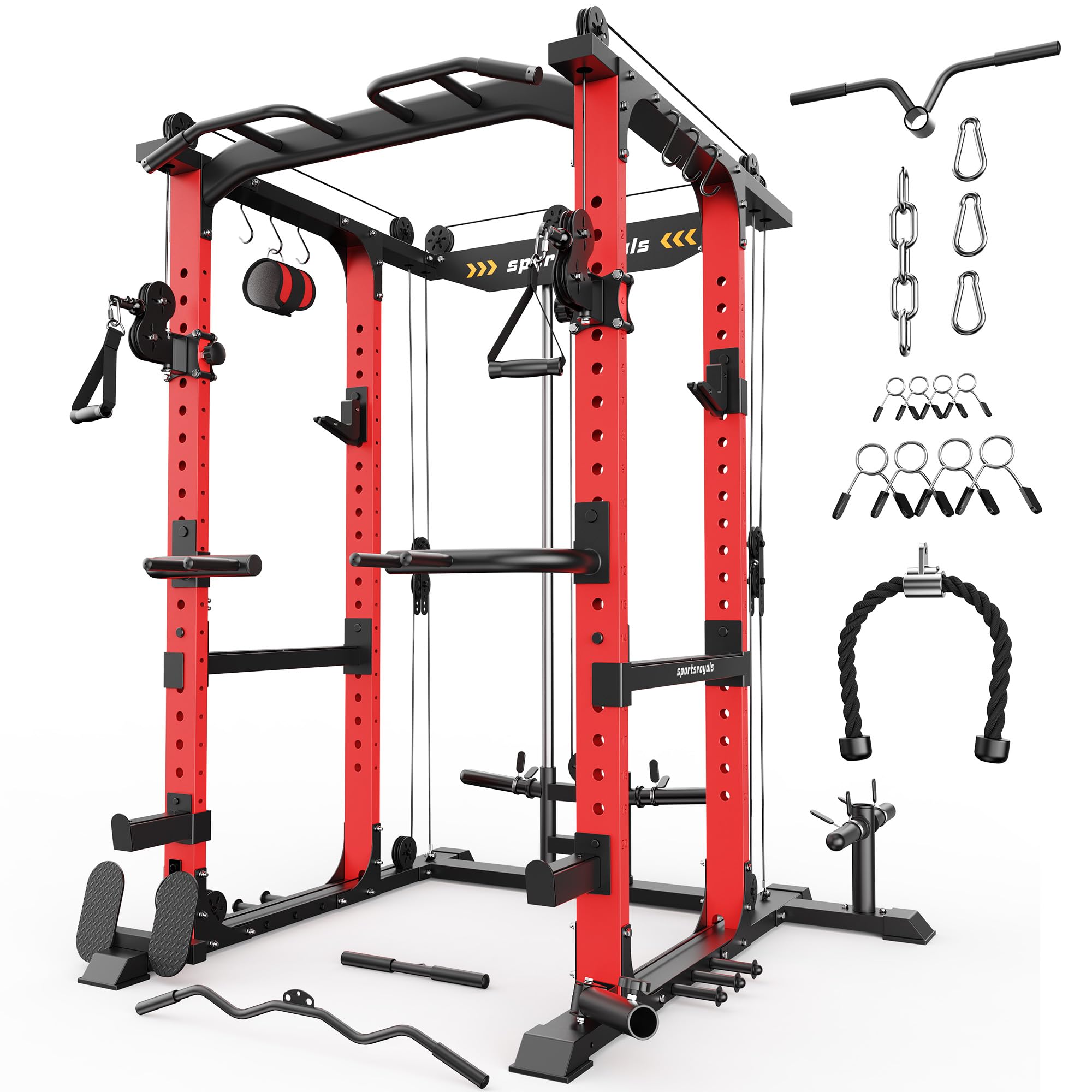 SPORTSROYALS Power Rack, Multi-Functional Power Cage, Squat Rack with Pulley System &amp; LAT Pull Down, Workout Cage with J Hooks for Home Gym