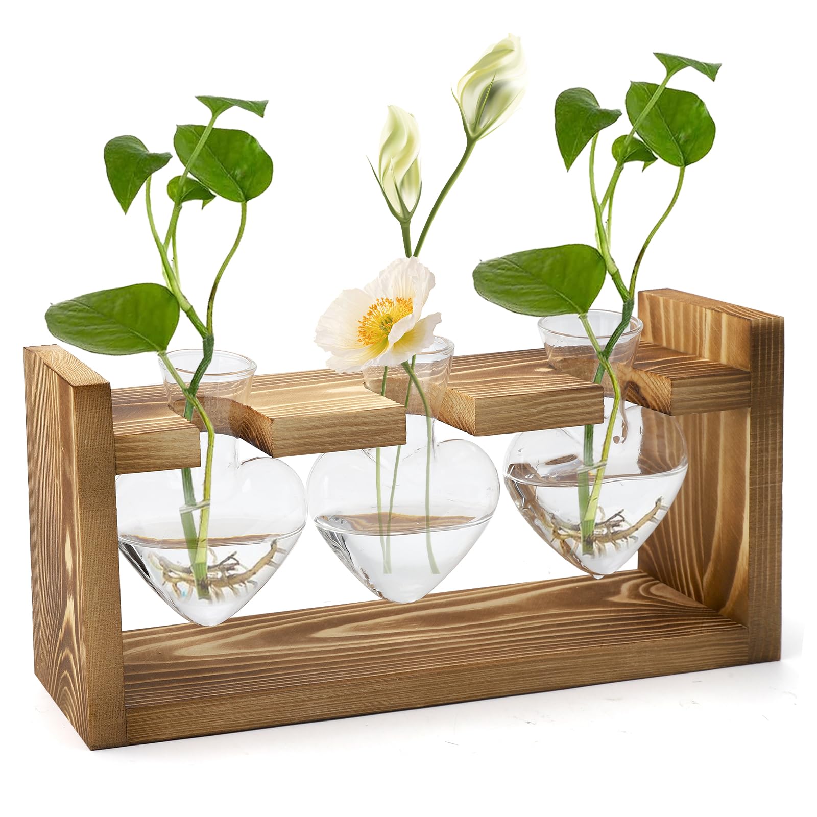HENGBIRD Jarrón de flores decorativo vintage con tubos de ensayo de madera, para flores, estación de propagación, jarrón de cristal, jarrón, decoración, terrario, plantas, plantas, cristal, regalo,
