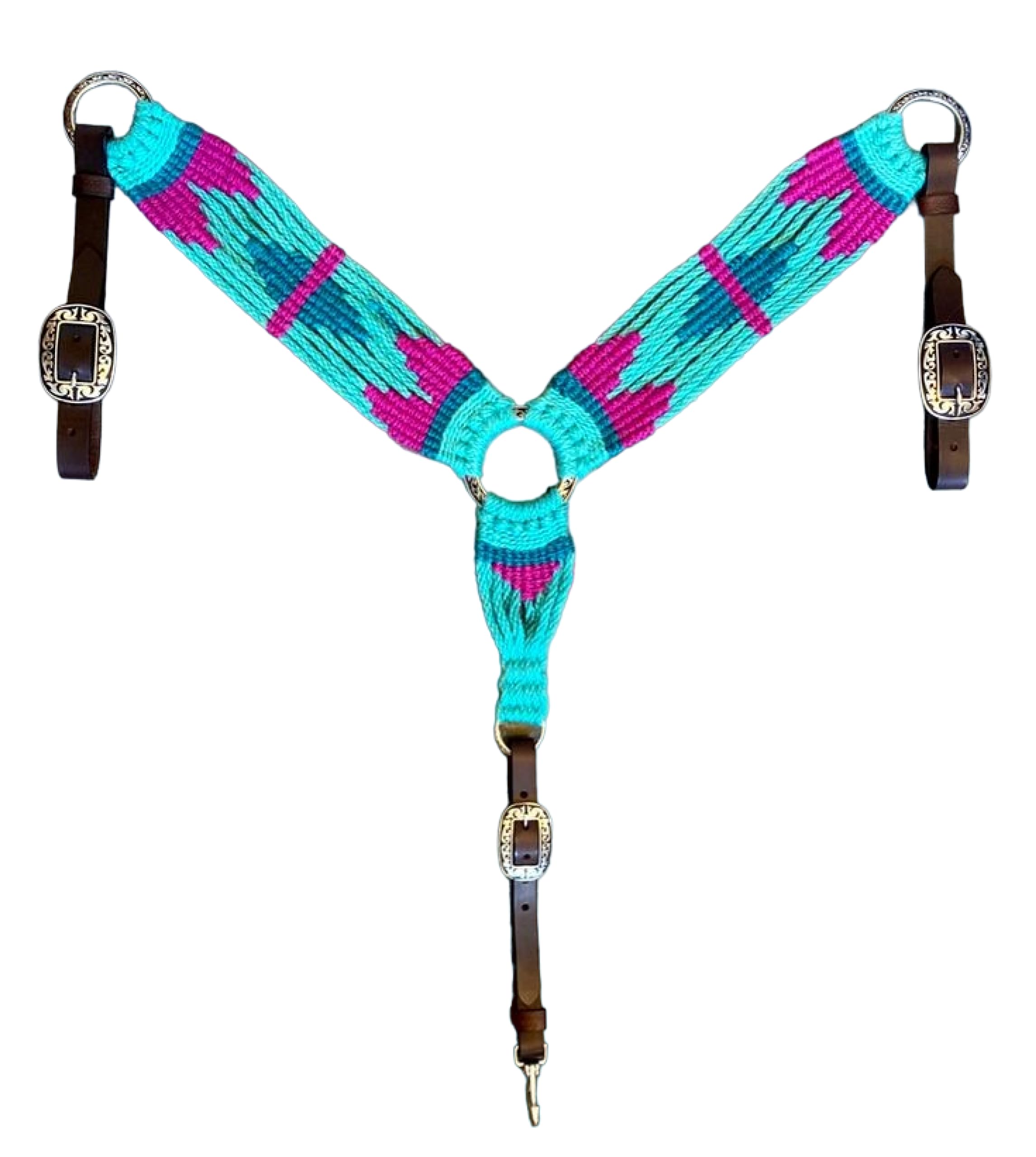 Cheval's International Western Mohair Horse Breast Collar, Handmade Premium Wool & Leather Equestrian Tack, Adjustable, Durable & Comfortable Saddle Breastplate for Horses - Aqua & Pink, Full