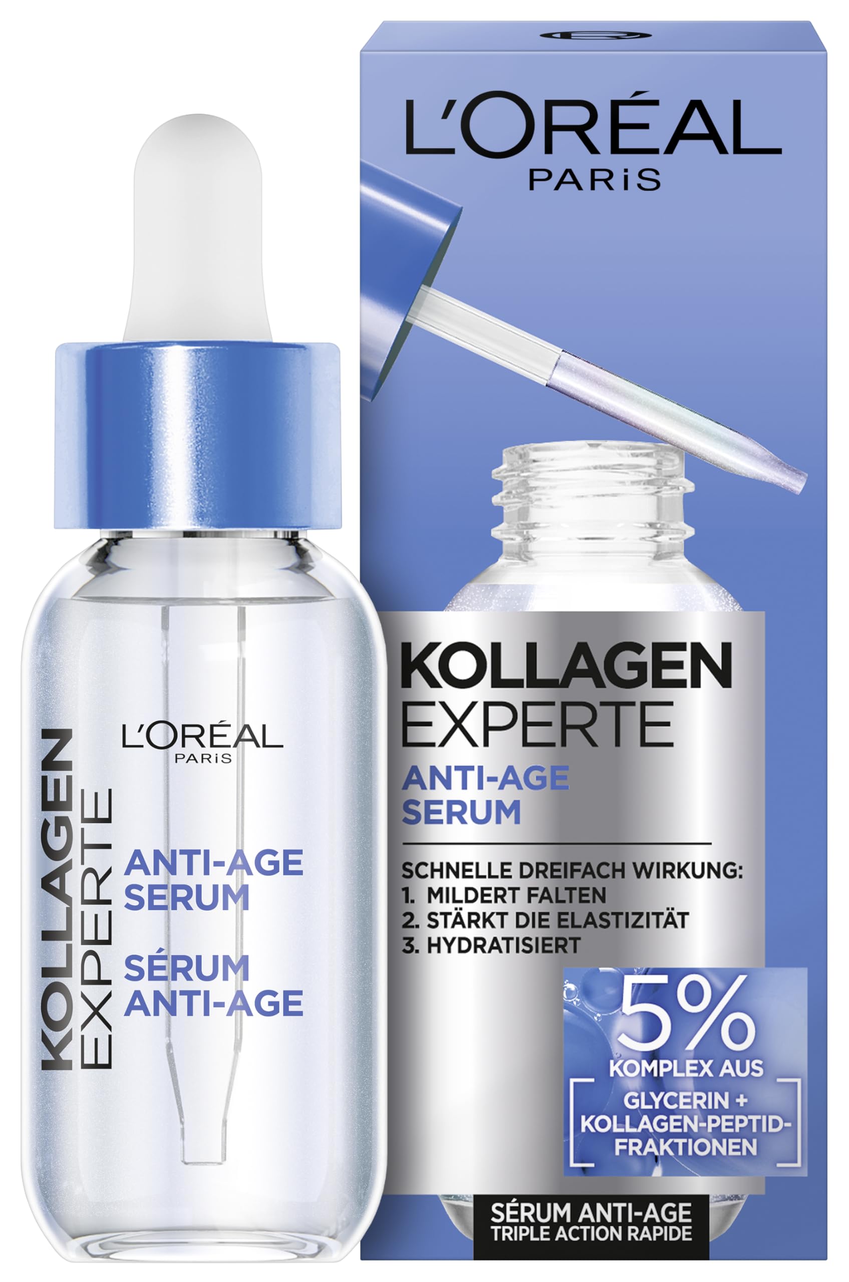 L'Oréal Paris Serum przeciw starzeniu się, łagodzenie zmarszczek, nawilżające serum przeciw starzeniu się skóry z gliceryną i witaminą C, ekspertem od kolagenu, 30 ml