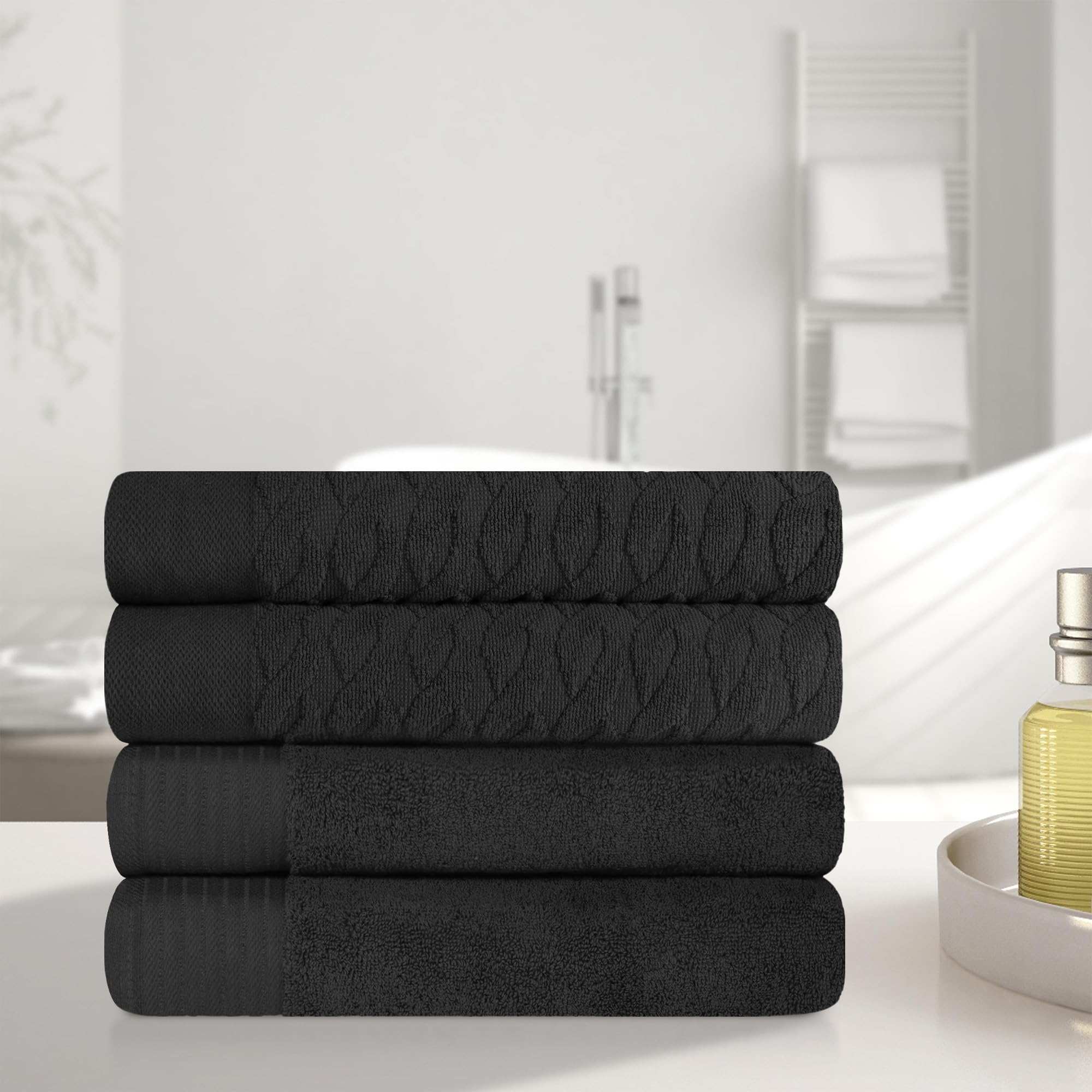 SUPERIOR Türkisches Baumwoll-Jacquard-Badetuch-Set, 4-teilig, Körpertücher für Erwachsene und Kinder, Badezimmer-Essentials, Dusche, Spa, Pool, schnell trocknend, saugfähig, weicher Plüsch, Basics,