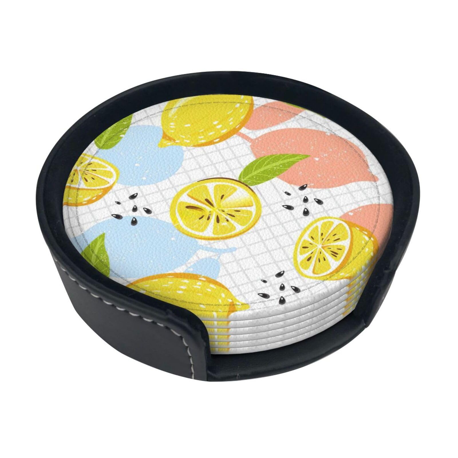 Fruits Lemon Print Round Coasters Set Of 6,Coaster For Tabletop Protection Home Bar Decor