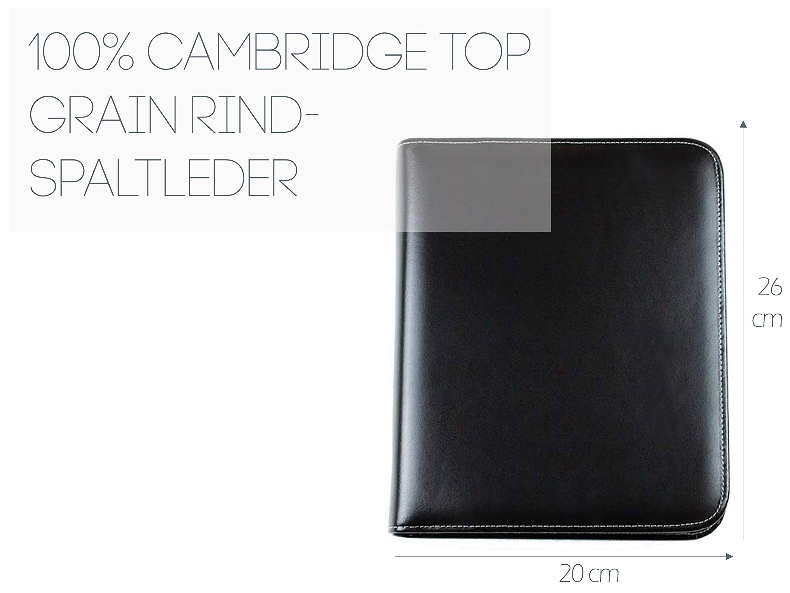 DELMON VARONE - Personalisierbare Ringbuch Schreibmappe DIN A5 aus Cambridge Top Grain Leder schwarz, Ringbuchmappe mit Notizblock, Stiftschlaufe, Einsteckfächer, 4-Ring Combimechanik & Reißverschluss