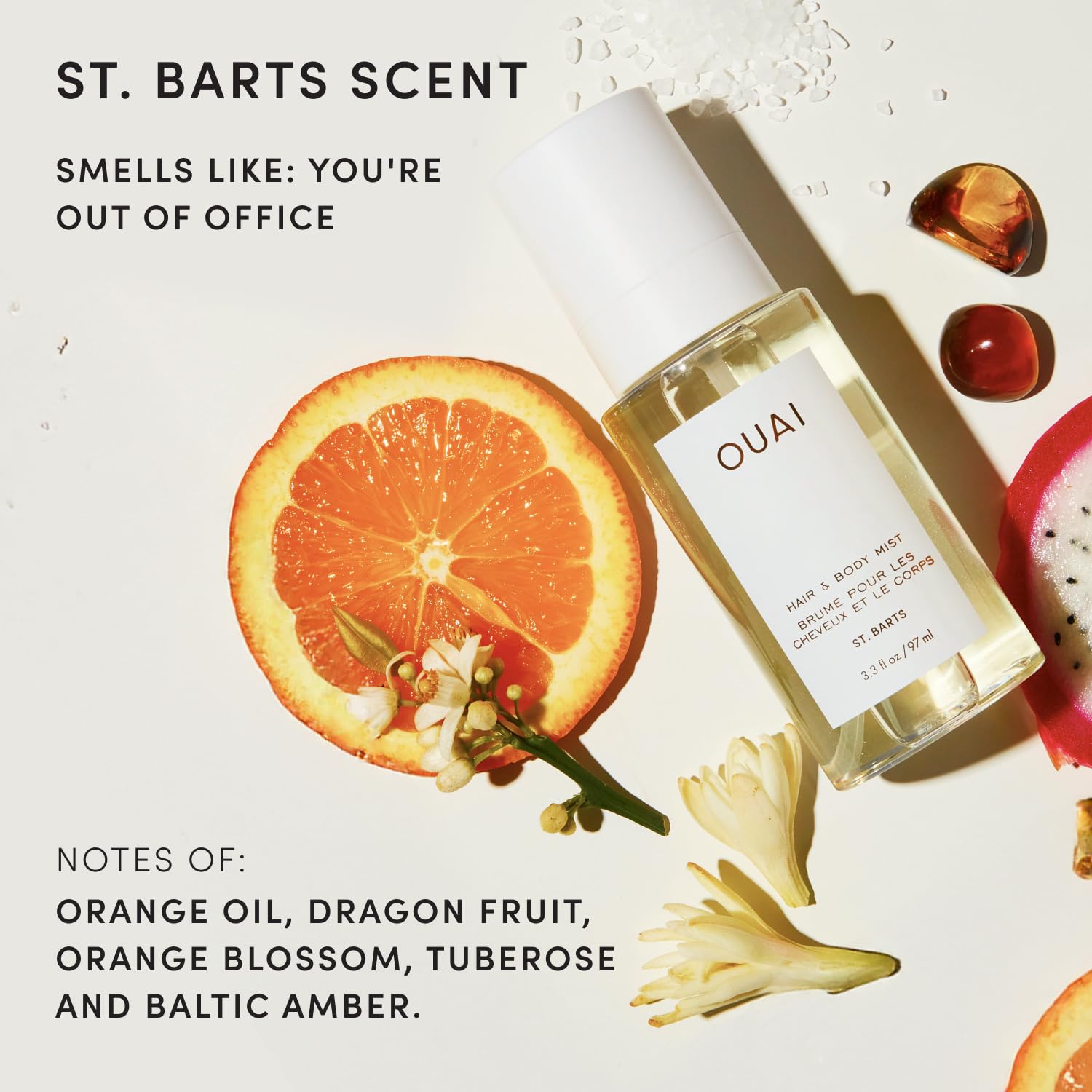 OUAI Bruma capilar y corporal St. Barts - Perfume para el cabello y spray corporal con aroma tropical - Notas de fruta del dragón, flor de azahar, nardo y almizcle (236ml)