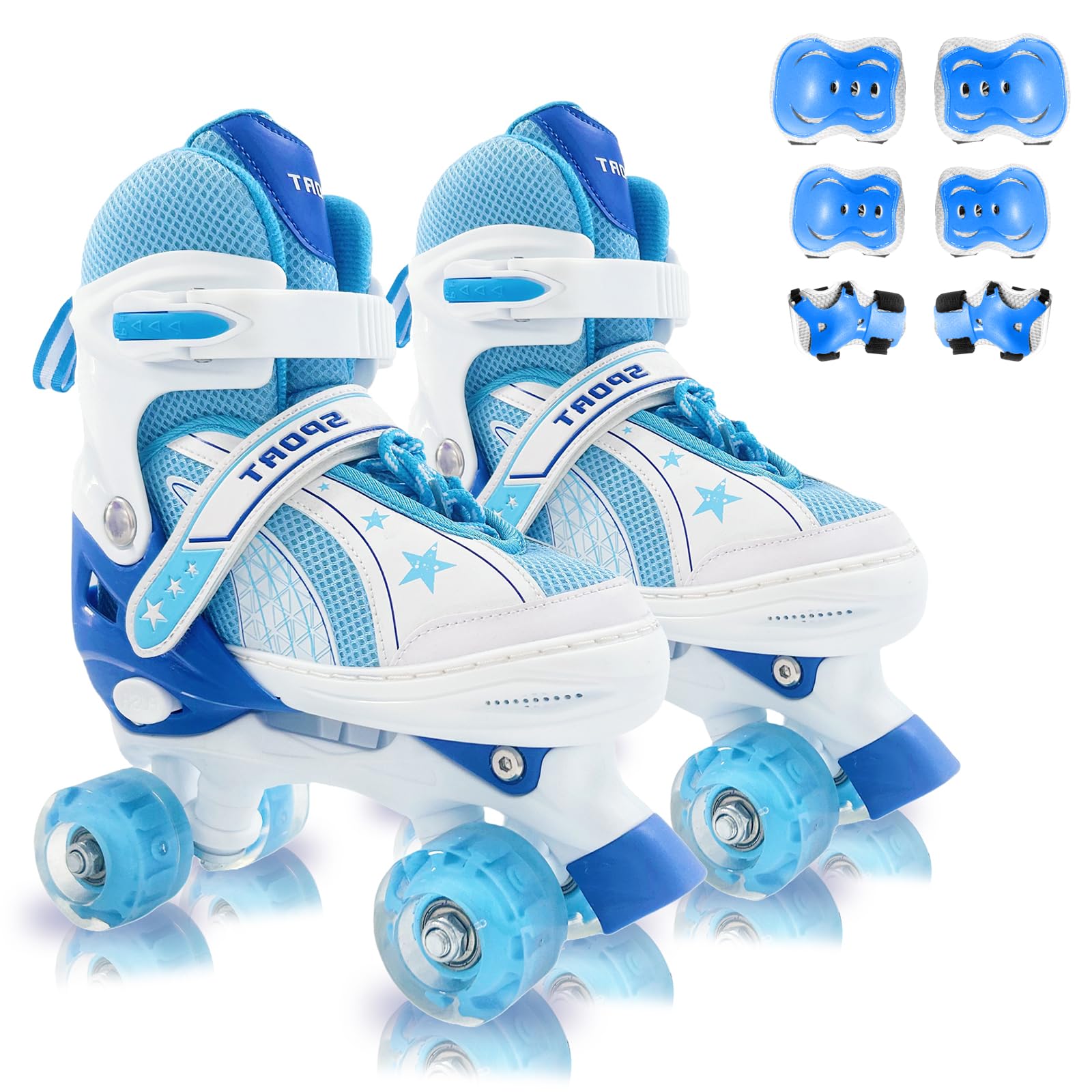Roller Skates, Adjustable Light up Roller Skates Kids for Girls Boys Ages 3-5 5-8 8-12, Kids Skates with Protective Gear Set Gift for Indoor & Outdoor(Sky Blue, Large -Youth (3.5-6))