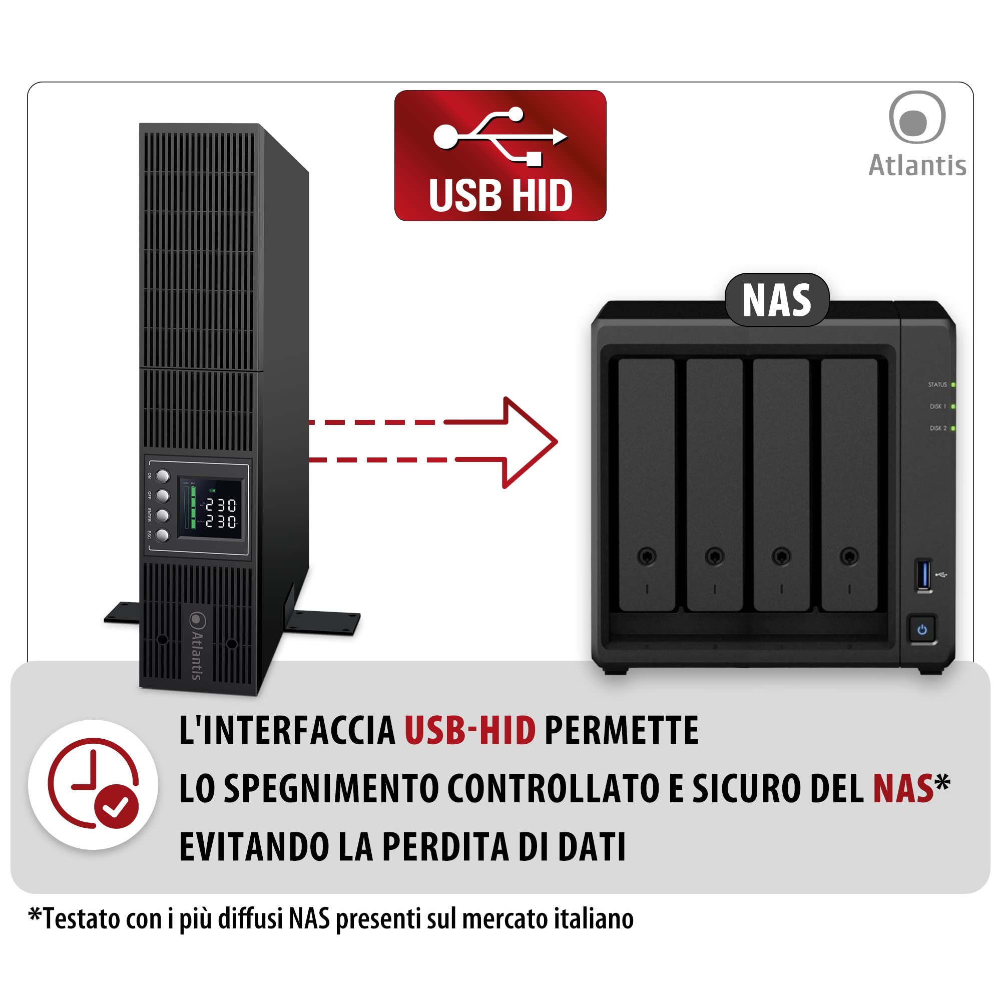 Atlantis A03-OP2002-RC UPS OnLine Doppia conversione Onda Sinusoidale Pura 2000VA 1350W Server Convertibile LCD USB RS-232 8 uscite IEC slot SNMP 3x12V-9Ah