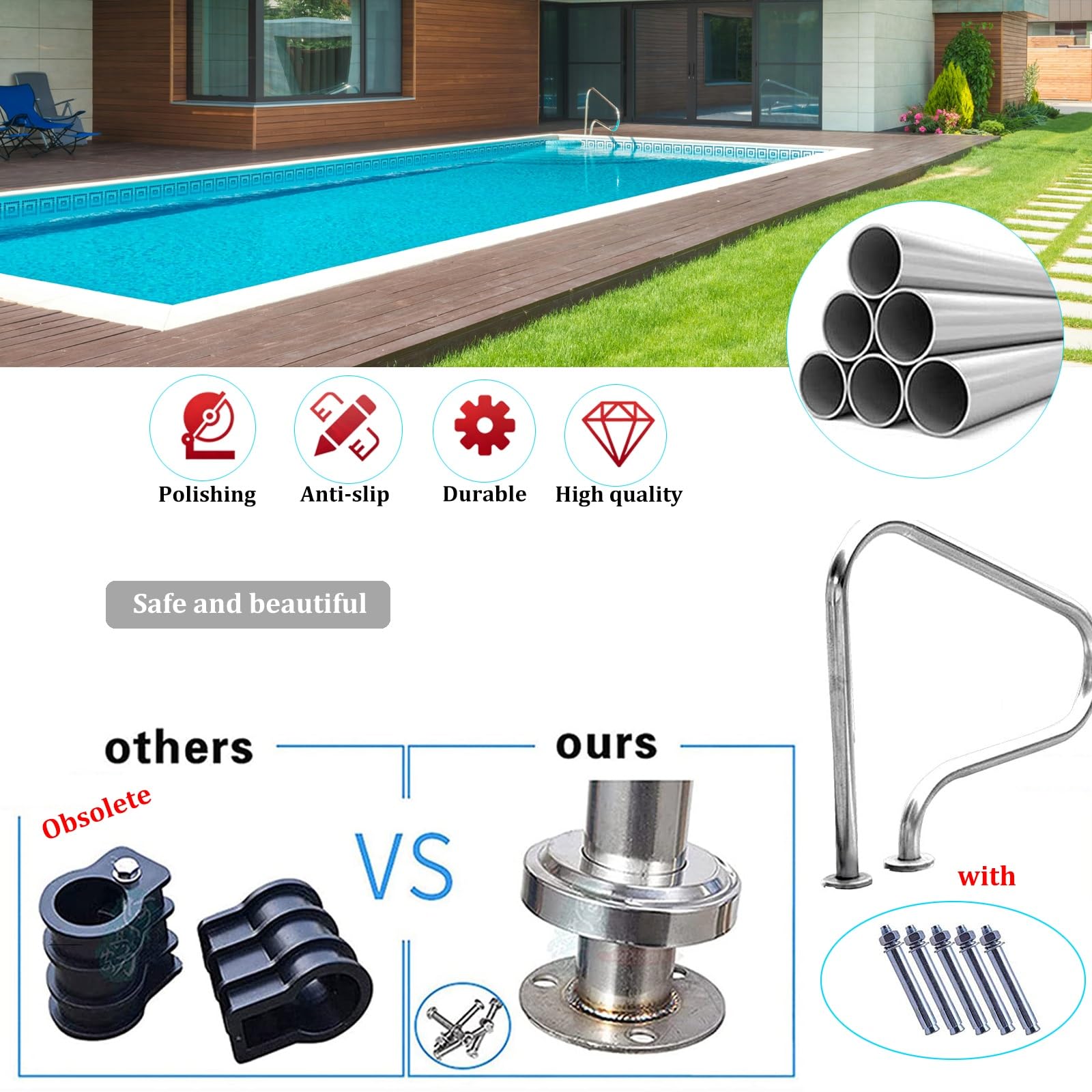 Pasamanos de piscina de acero inoxidable 304, protector antideslizante para escaleras de piscina sobre el suelo y enterradas, pasamanos de seguridad con accesorios para una fácil entrada y salida