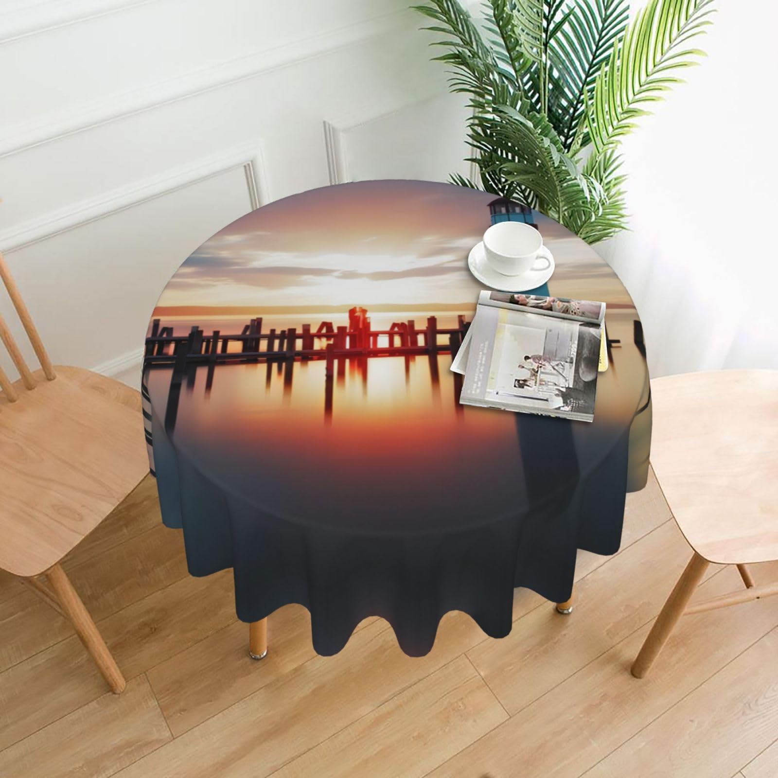 WHJSSF Seaside Lighthouse Prints Round Decorative Table Throw 60 Inch – Waterproof Table Cover for Dining, Coffee Tables, and Outdoor Events