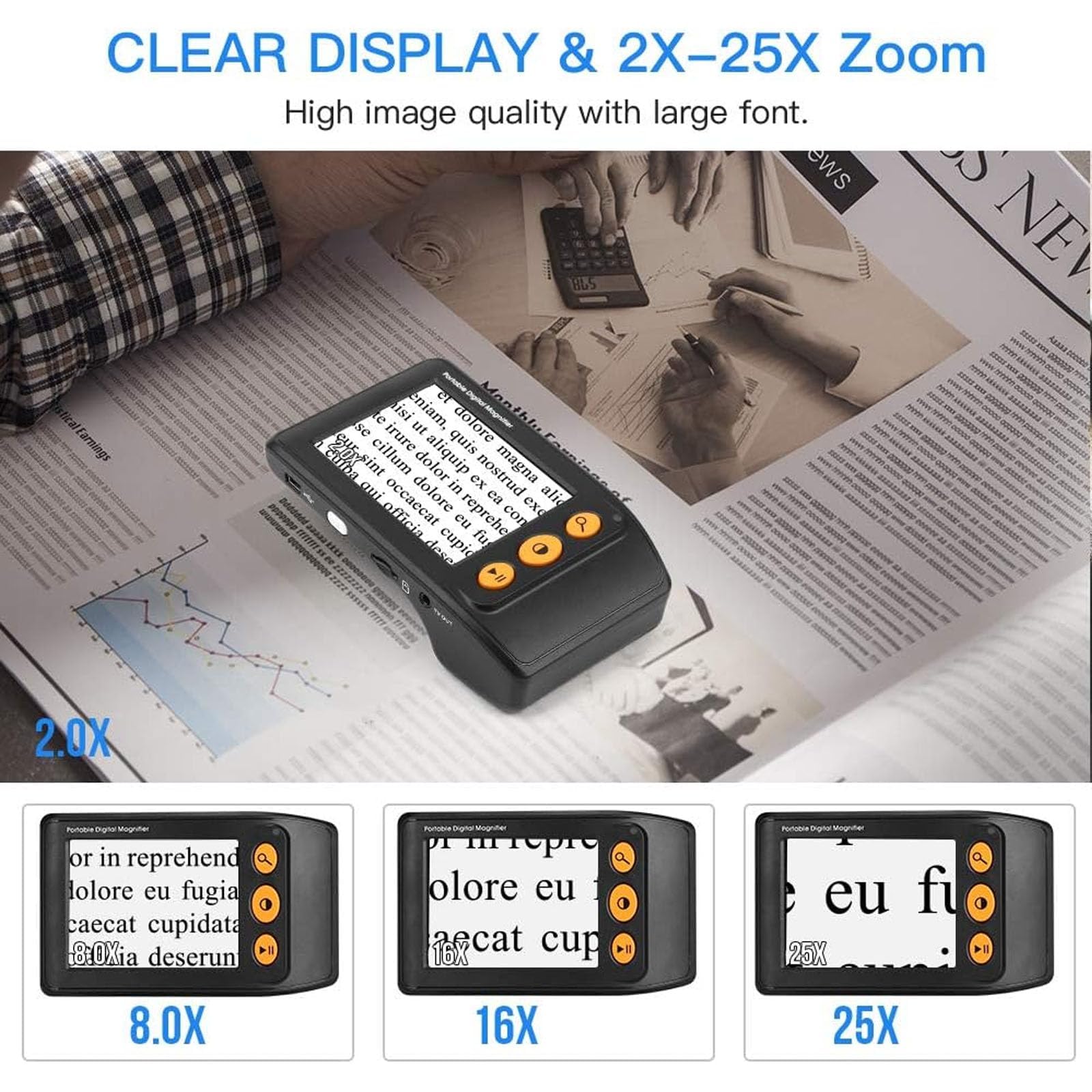 Przenośna cyfrowa lupa, 3,5-calowy ekran LCD, bezprzewodowy elektroniczny pomoc w czytaniu, zoom 2x–25x, wyjście AV/TV, do czytania przy słabym wzroku, oglądania i pisania white