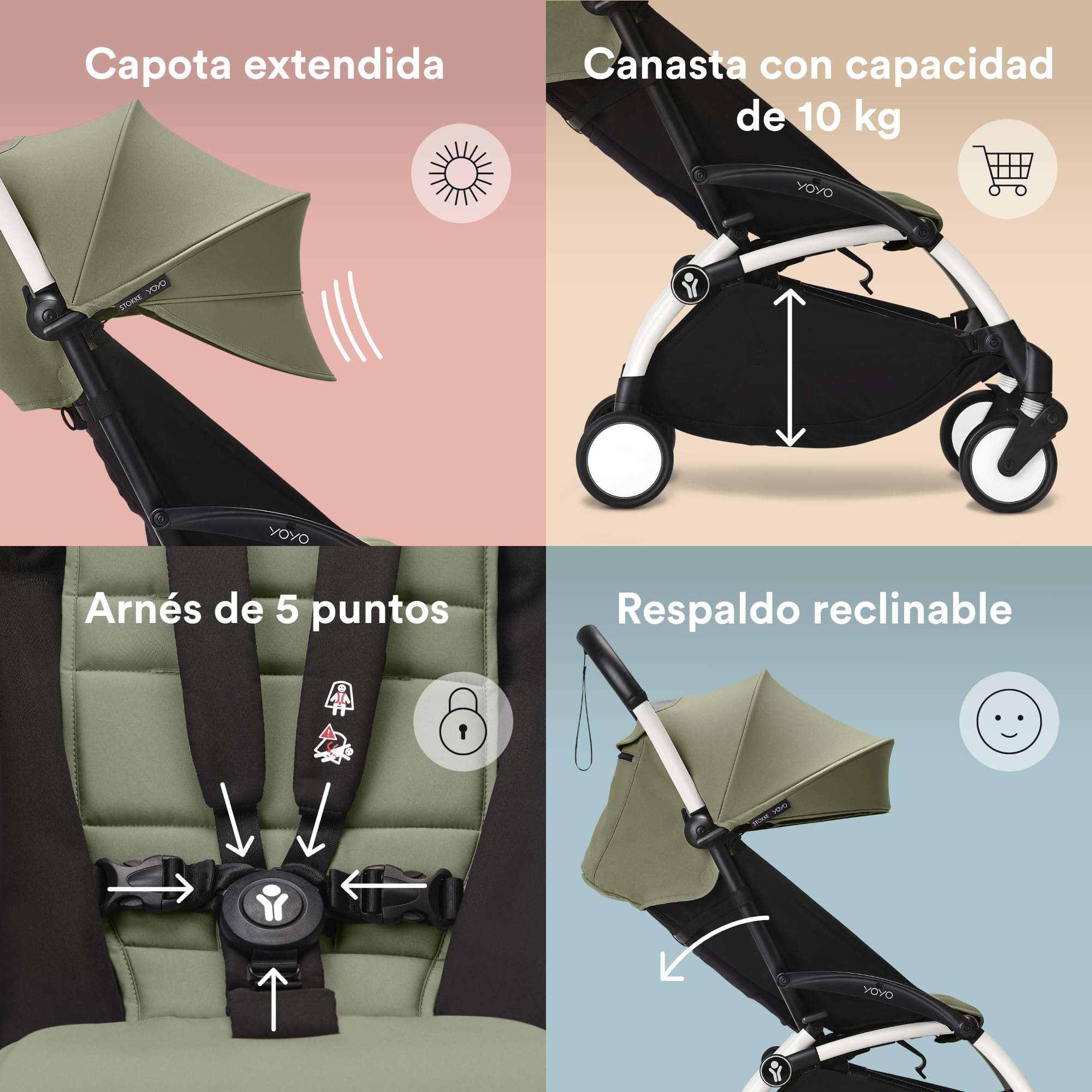 Cochecito Stokke YOYO3 a partir de 6 meses - Incluye chasis blanco/cojín de asiento Olive + dosel - Se pliega y despliega en un instante - Ligero y compacto - Compatible con equipaje de mano