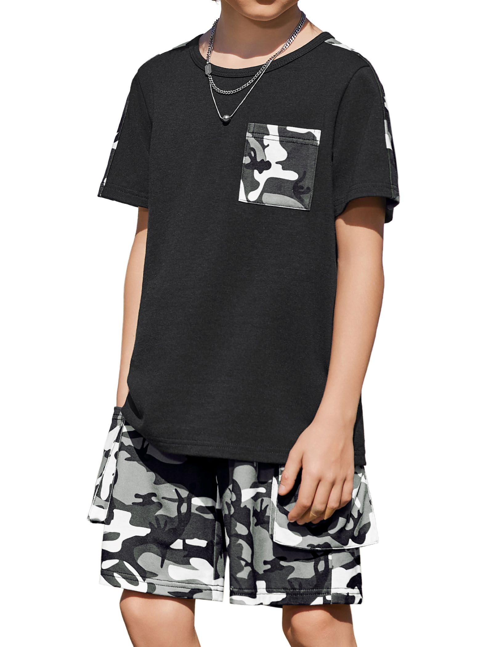 Arshiner Boys 2-Piece Camo Stitching Outfit Short Sleeve Cotton T-Shirt & Shorts Set Kids Summer Clothes 6-14 Years