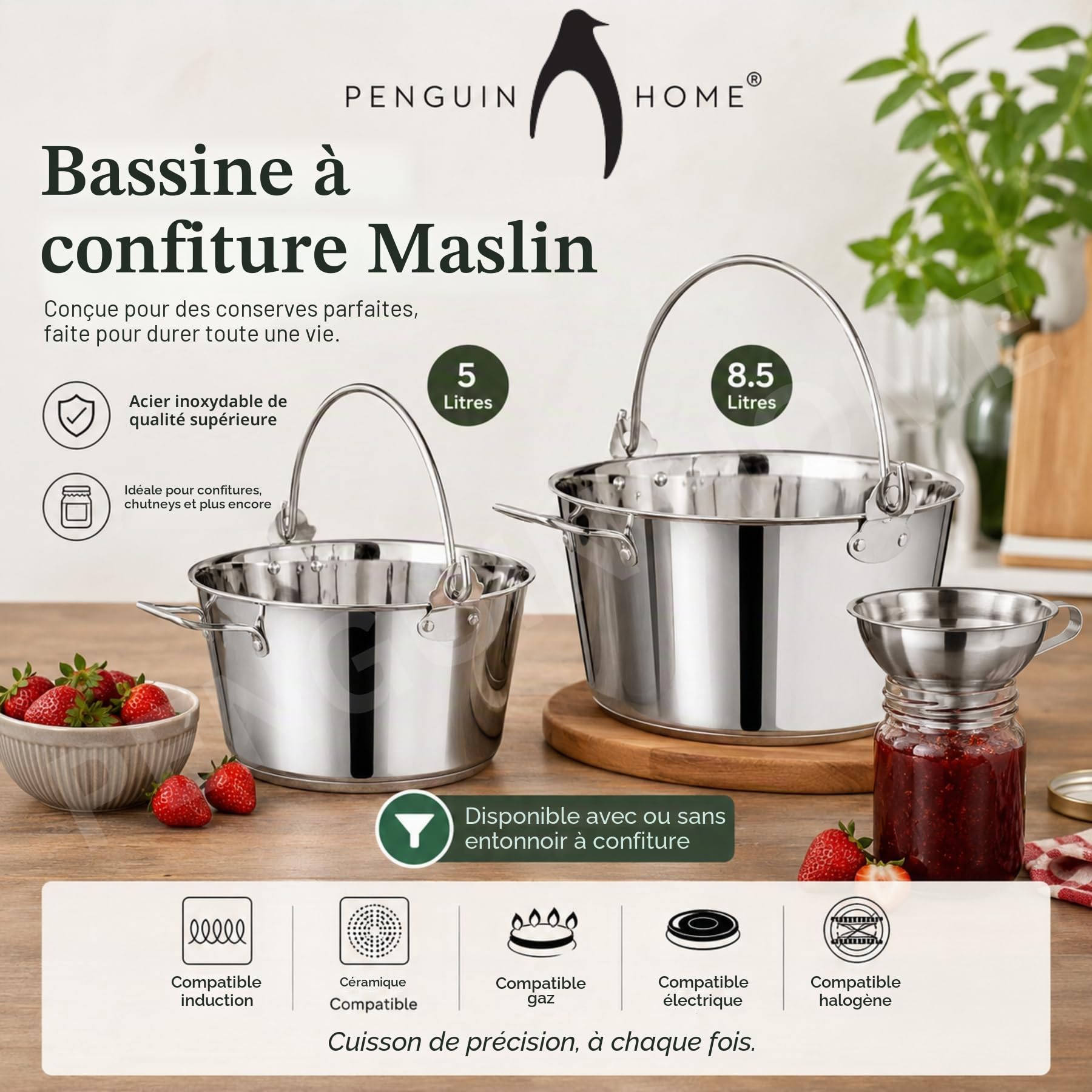 Penguin Home Professional Poêle à confiture/Maslin - Capacité de 8.5 litres - Acier inoxydable - Compatible avec toutes les plaques de cuisson - Diamètre 30,5 cm