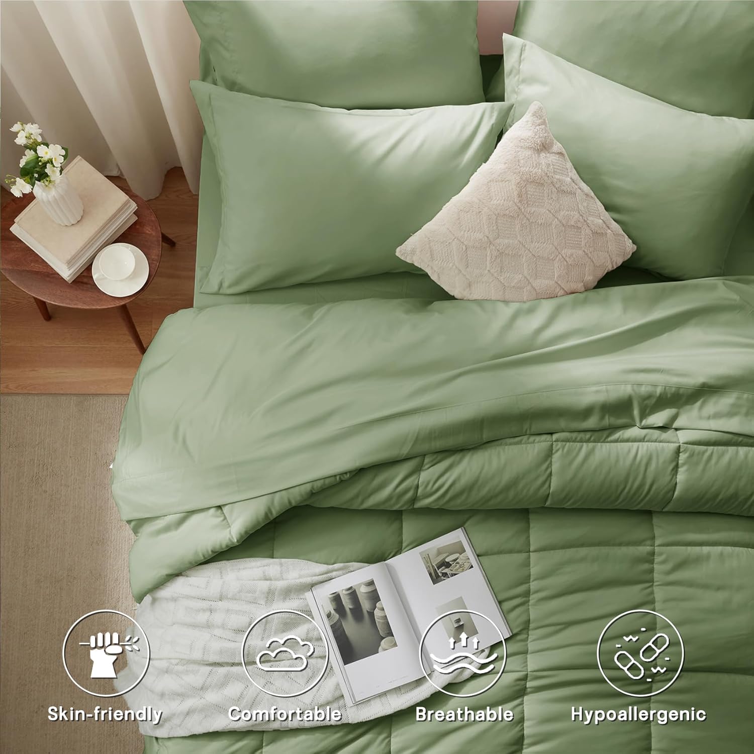 Zzlpp Queen Comforter Set 7 Piece, Sage Green Bed in a Bag with Comforters, Pillow Shams, Pillowcases, Flat Sheet, Fitted Sheet, 2 Side Pockets