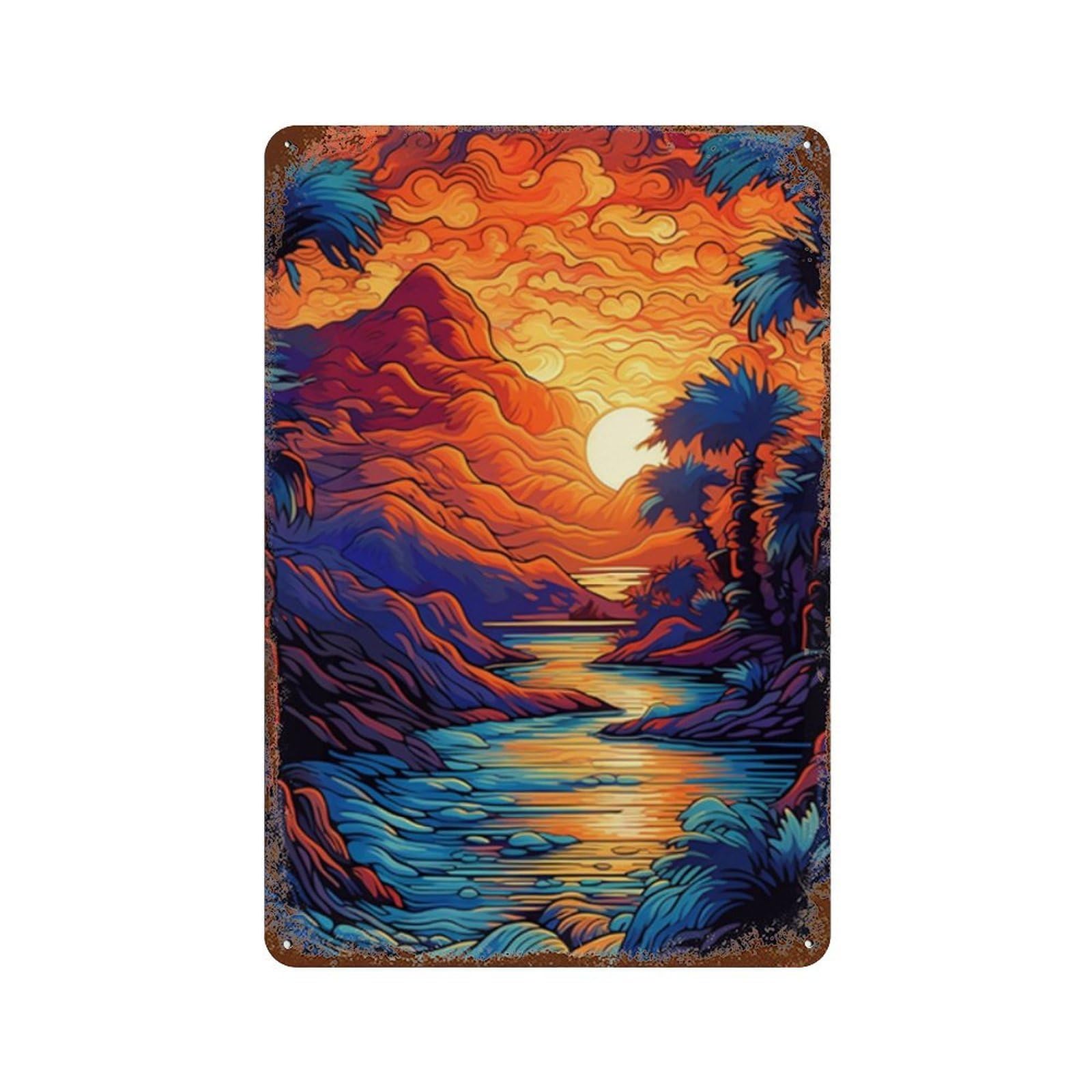 Tropical Sunset Landscape-1 Retro Metal Sign 11.8"x7.9", Ideal for Basement, Hobby Room And Garage Decor