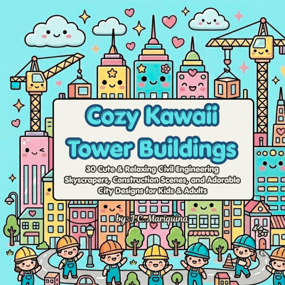Cozy Kawaii Tower Buildings Coloring Book: 30 Cute & Relaxing Civil Engineering Skyscrapers, Construction Scenes, and Adorable City Designs for Kids & Adults