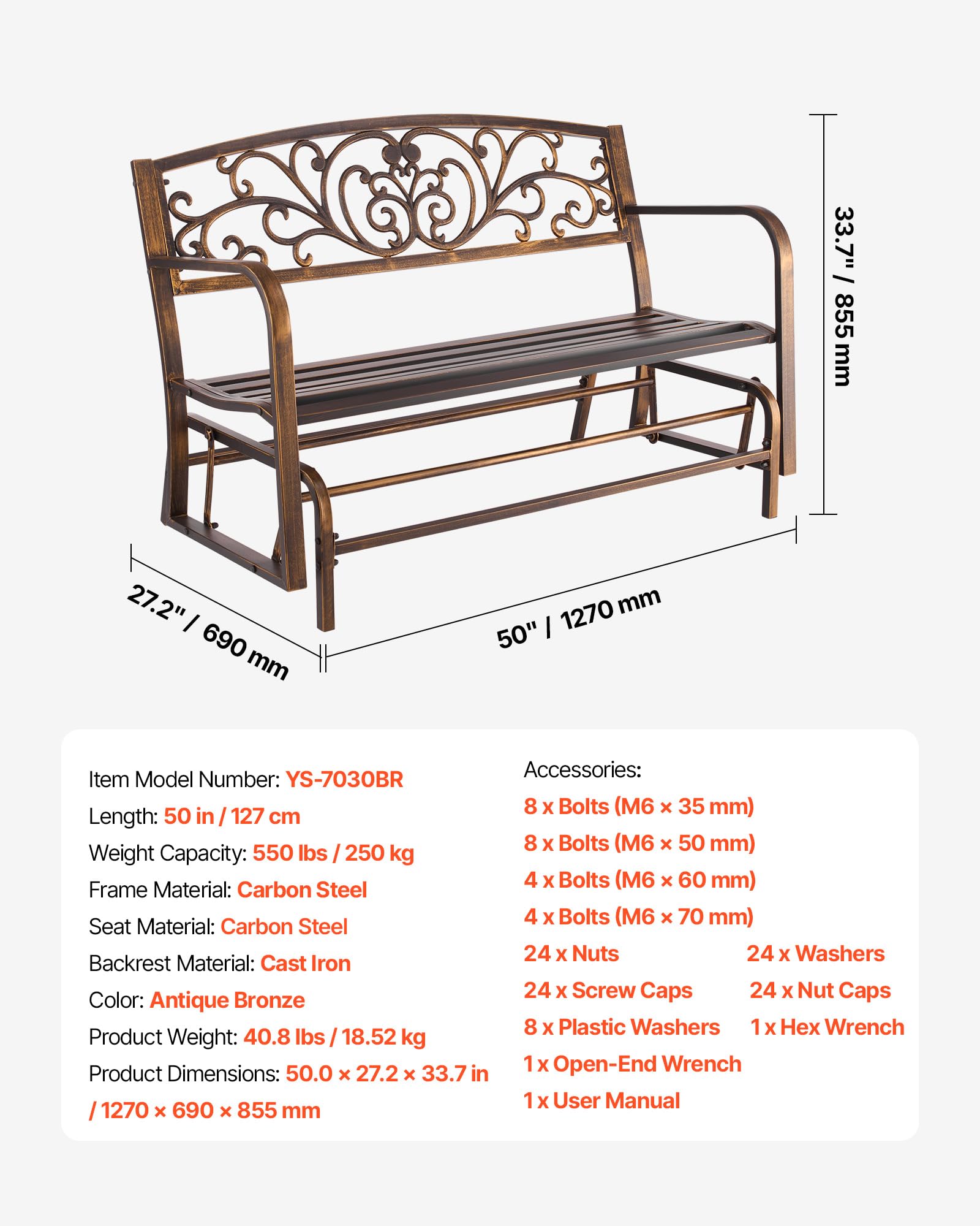 VEVOR Panca da Esterno, 127 cm, Struttura in Acciaio al Carbonio con Schienale in Ghisa e Braccioli con Bordo Arrotondato, Panca da Esterno Resistente alle Intemperie per Patio, Giardino, Parco