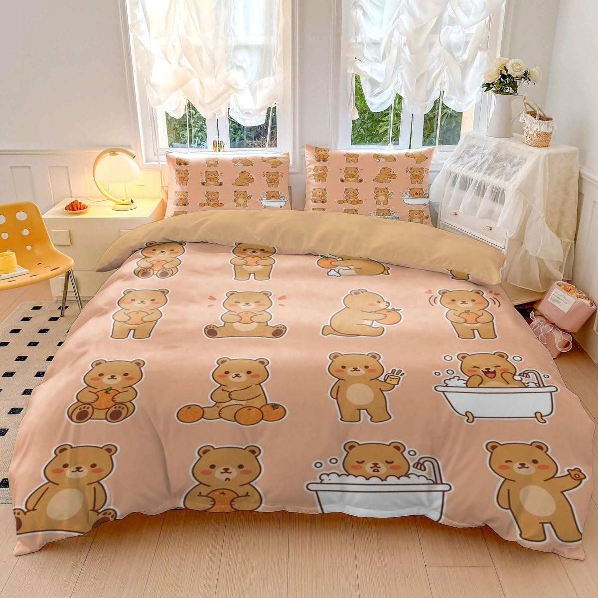Juego de funda de edredón con diseño de oso kawaii, ropa de cama de matrimonio, color marrón y naranja, ropa de cama suave con fundas de almohada (05, tamaño King 240 x 220 cm + 65 x 65 cm x 2)
