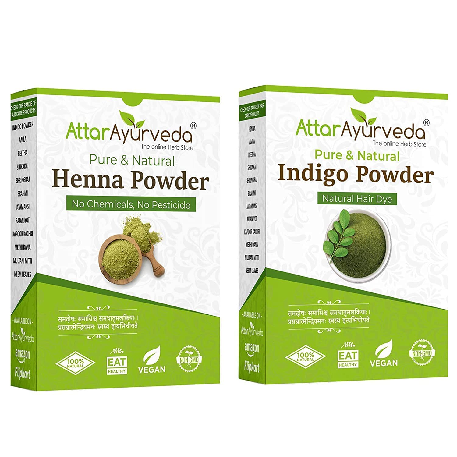LOGY Attar Ayurveda Natural Dye for Black Hair (Henna Leaves powder, Indigo leaves powder combo pack) (200 grams + 200 grams = 400 grams total)