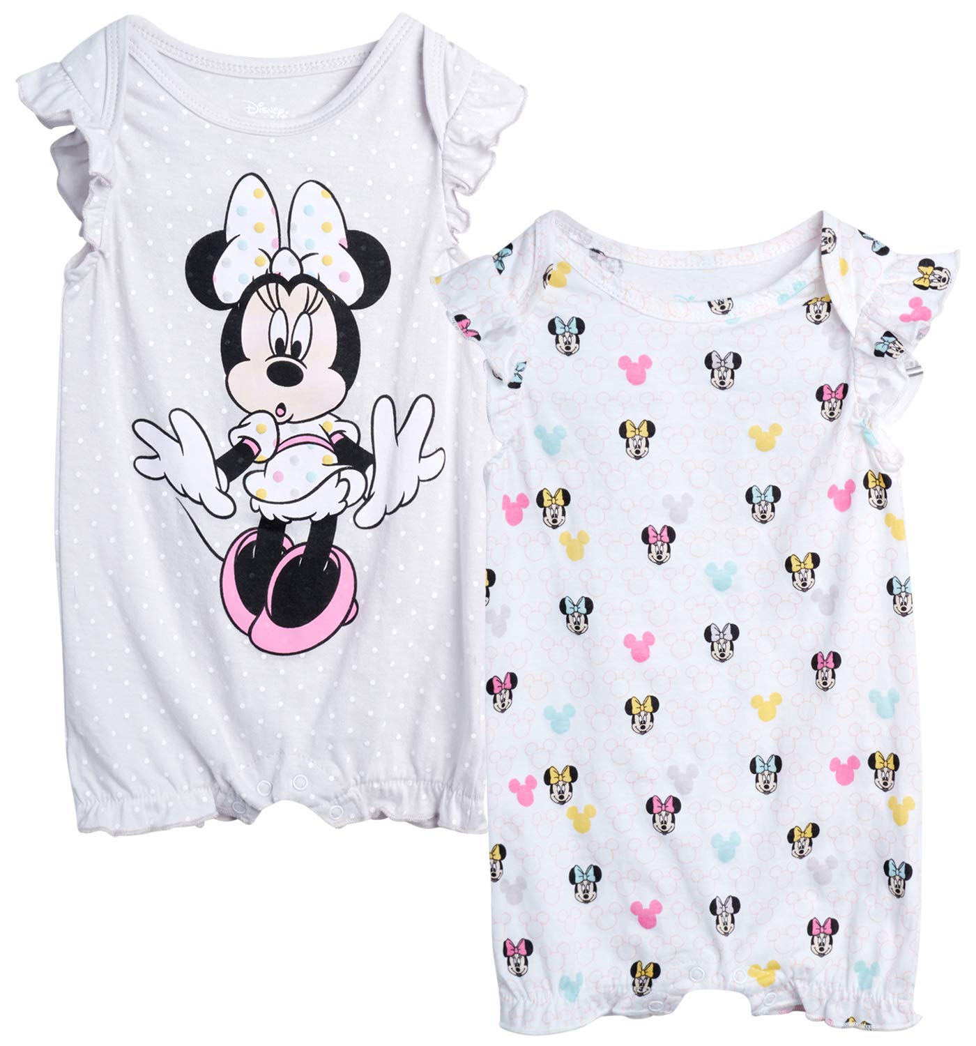 Disney Baby Girls Romper 2 Pack: Minnie Mouse Ruffle Sleeve Romper (Newborn/Infant), Size 6-9 Months, Lavender/White Multi Minnie