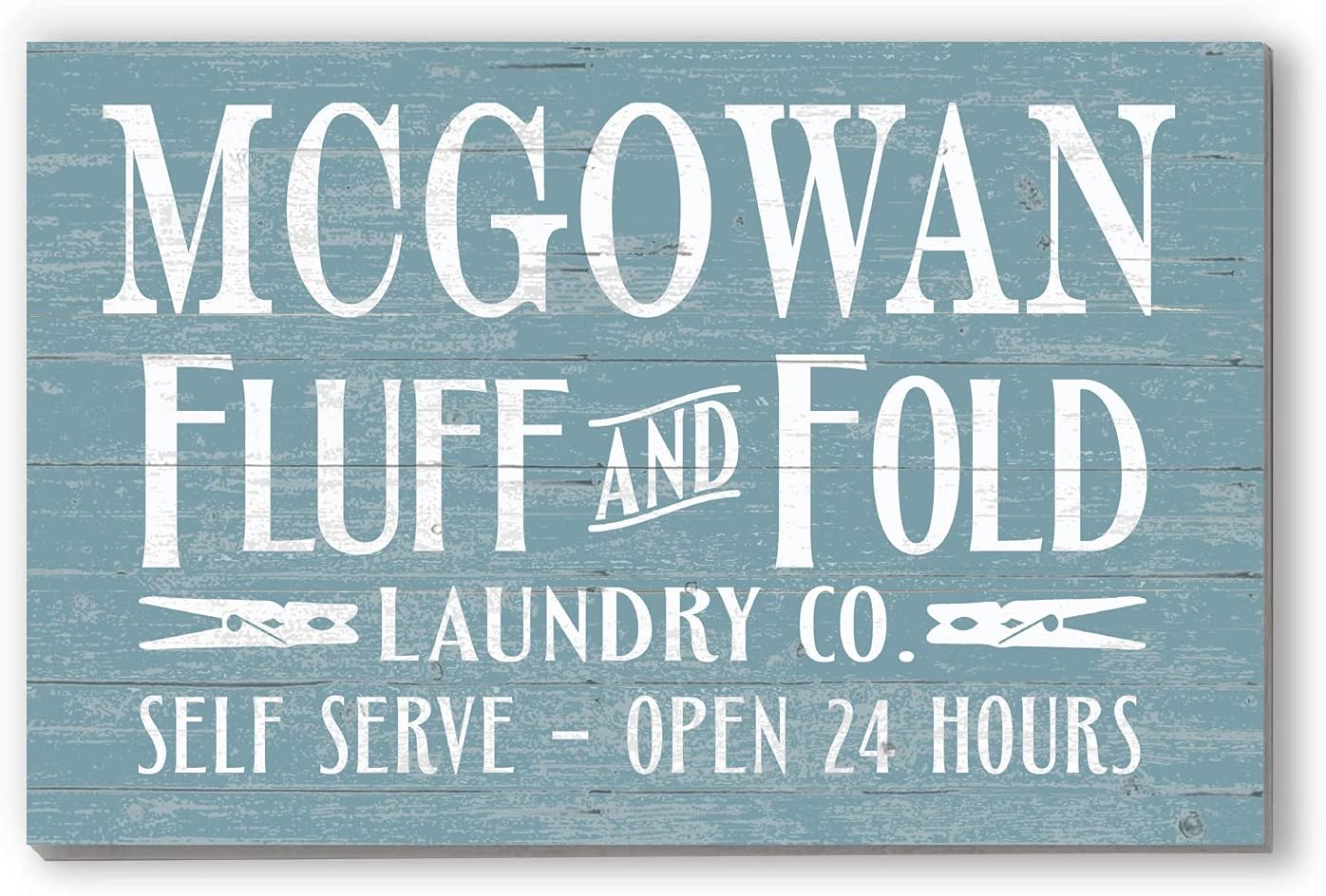 Fluff & Fold Laundry Sign Open 24 Hours Custom Wood Farmhouse Decor for Home, Anniversary, Wedding, Couples Gift Idea (Blue and White)