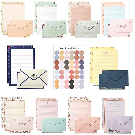 91 Pcs Stationery Paper Envelopes Set Includes 60 Lined Writing Paper & 30 Envelopes with 48 Colorful Round Dot Stickers, Cute Vintage Letter Writing and Stationery Paper Envelopes(10Style)