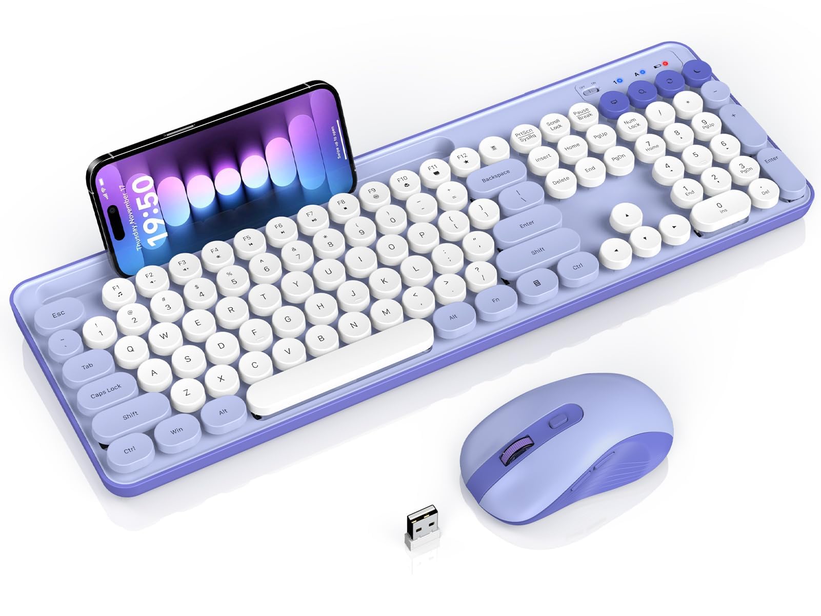 Wireless Keyboard and Mouse Combo, Retro Round Keycap Typewriter Keyboard with Phone/Tablet Holder, Cute Colorful Keyboard for Computer/Laptop/Windows by SABLUTE (Purple)