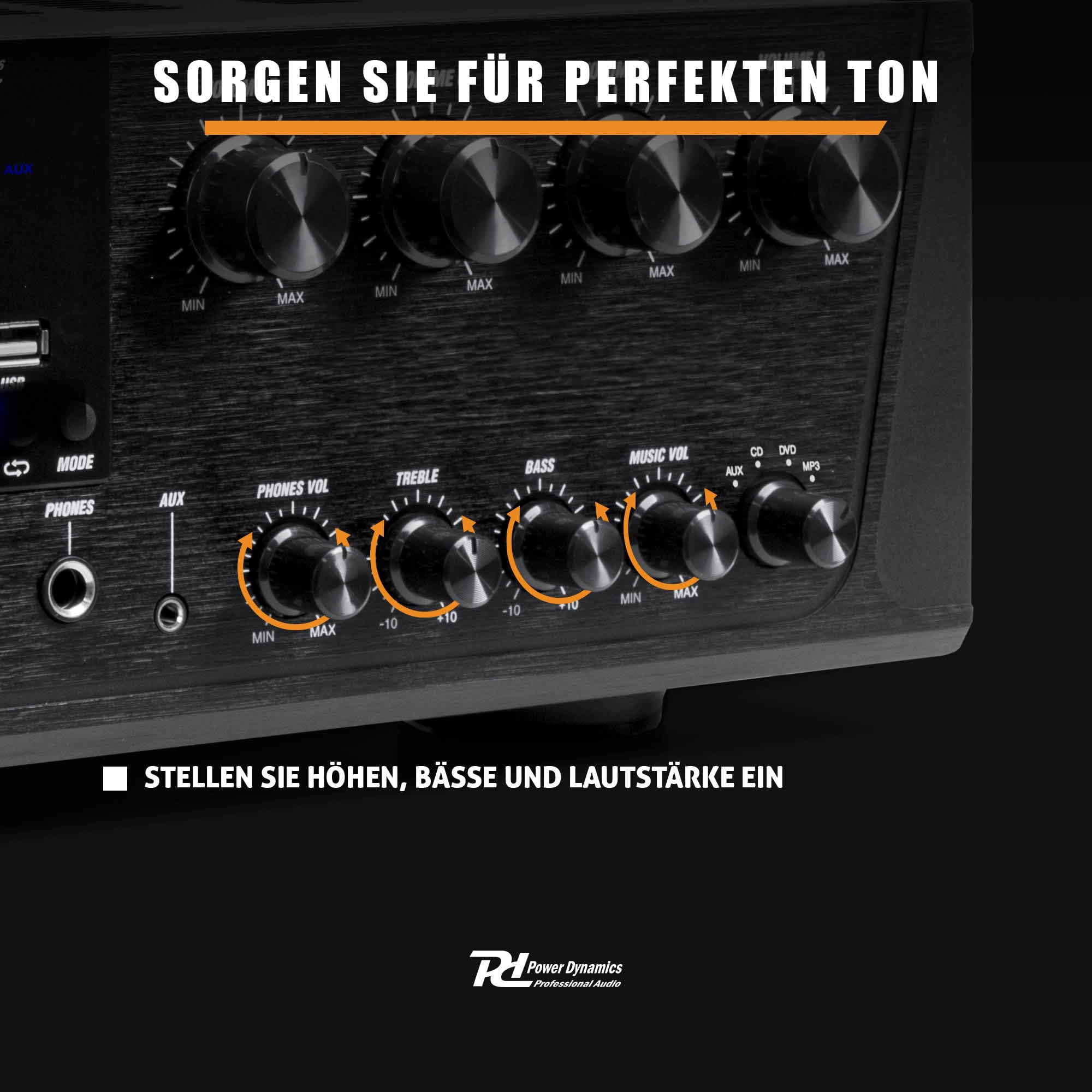Power Dynamics PV280BT Verstärker mit Bluetooth - 8 Kanal Bluetooth-Receiver mit 800 Watt Leistung, MP3-Player, FM Radio - für Karaoke geeignet, inklusiv Fernbedienung - Schwarz