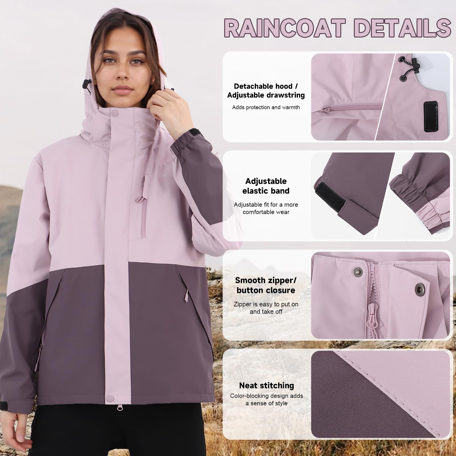 Vestes de Pluie pour Femmes Imperméable à Capuche Combinaison de Pluie de Randonnée Légère pour Dames Coupe-vent Complet à Fermeture éclair en Plein air