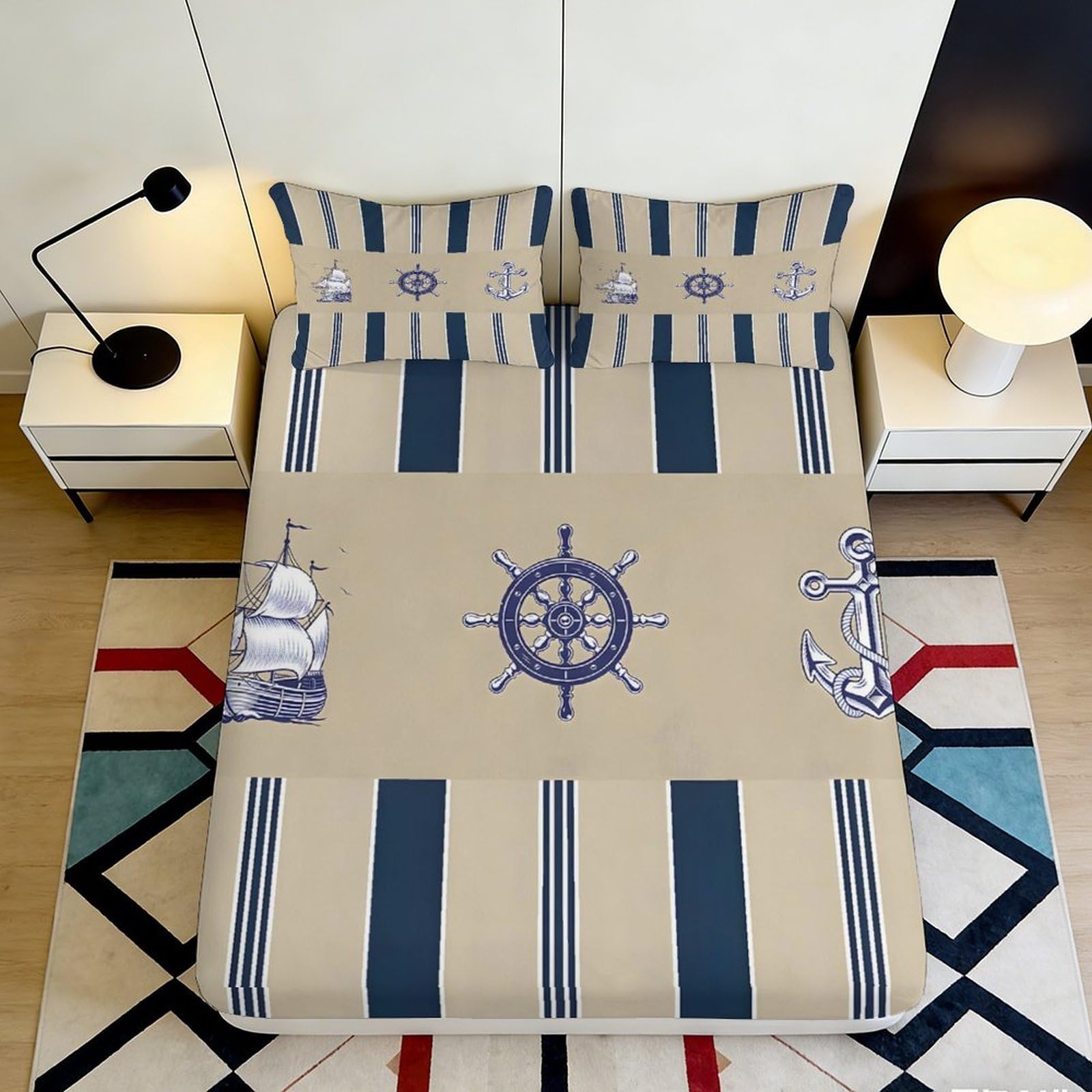 3D Printed Nautical Theme Fitted Sheet Microfiber Soft Durable Anchor Bed Sheet for Bedroom Dormitory Guest Room Mattress Cover 180x200x25cm