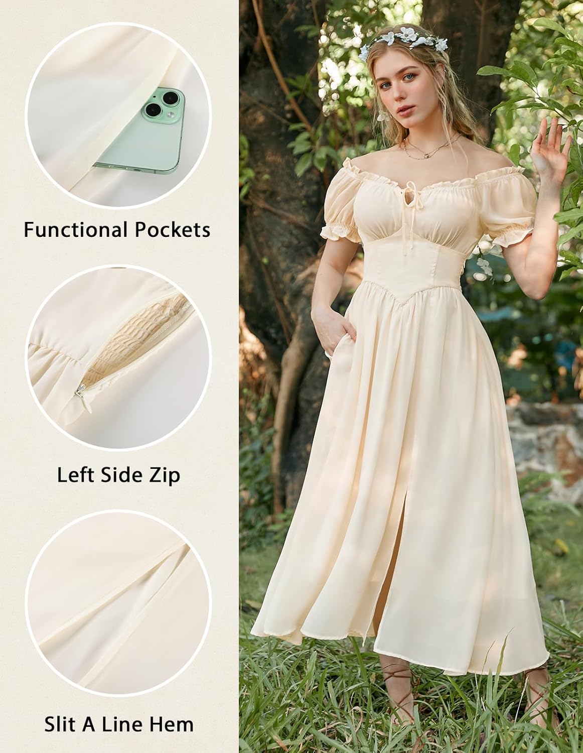 Scarlet Darkness Corset Dress for Women Off Shoulder Renaissance Costume Short Sleeve Milkmaid Dresses with Pockets - Image 4