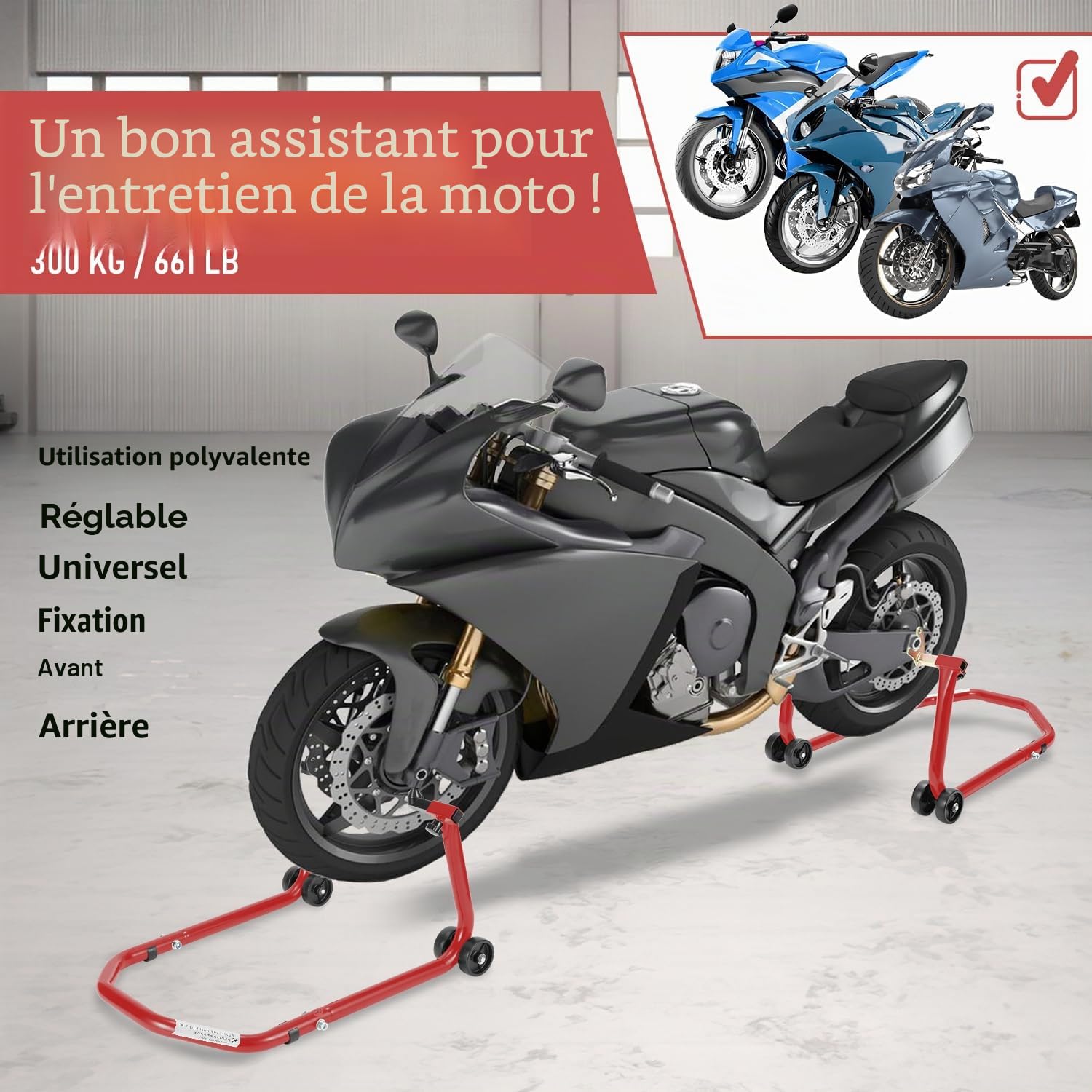 Béquille de montage arrière de moto, béquille de moto, levage de moto arrière, élévateur de montage en acier, largeur réglable, travaux de maintenance/montage pour motos jusqu'à 300 kg, rouge