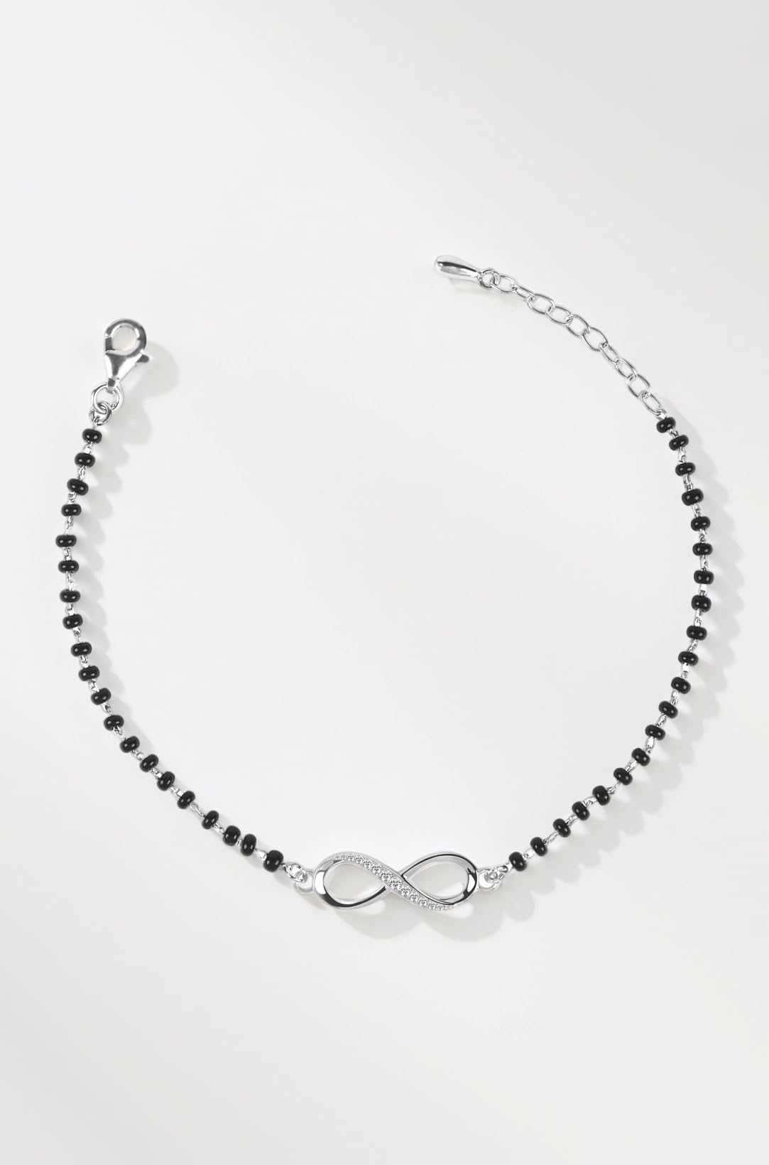 Clara Womens 925 Sterling Silver Infinity Hand Mangalsutra Bracelet | Black Beads, Rhodium Plated | Gift For Wife