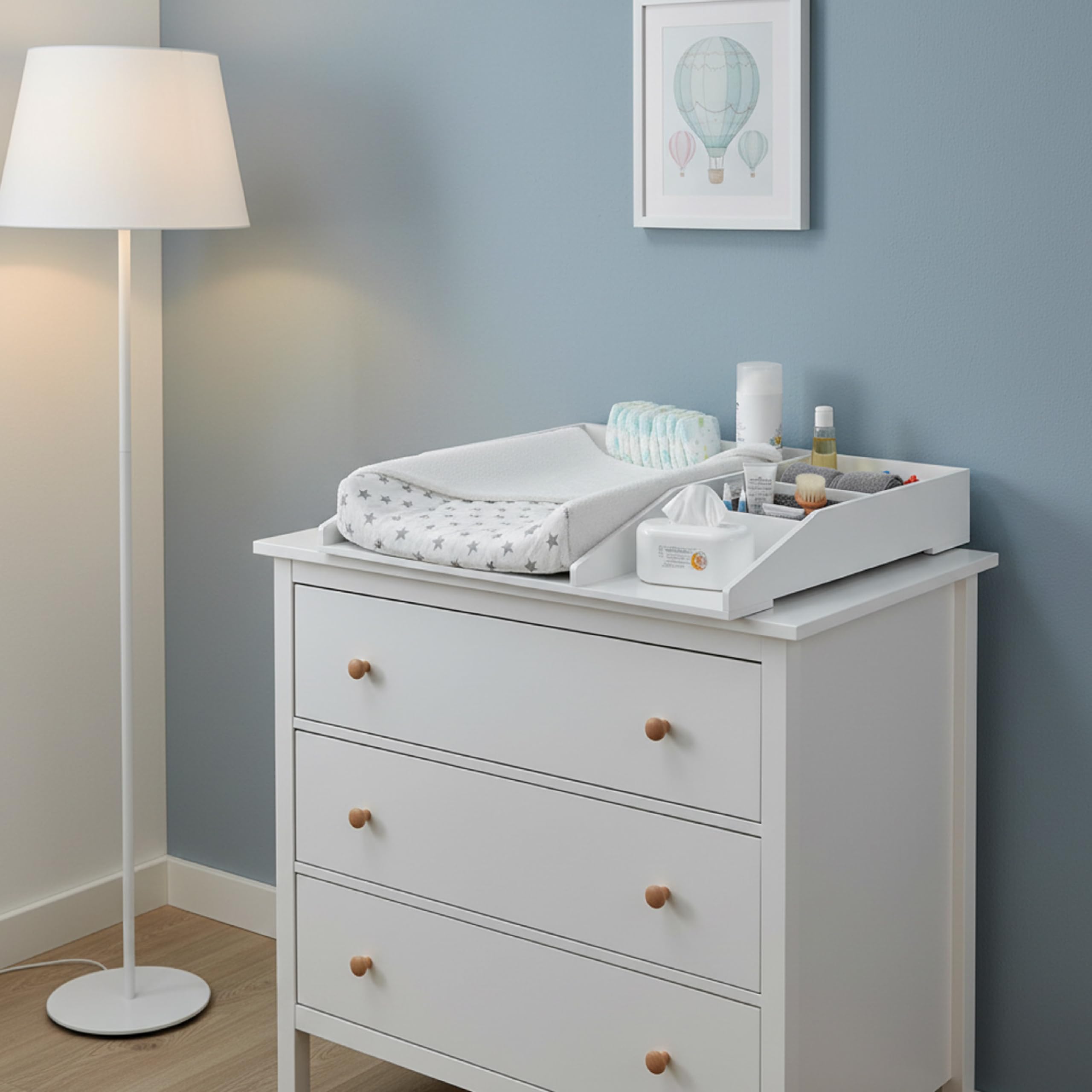 Baroni Home Fasciatoio da Appoggio Bianco, Mobile Cambio Neonato 4 Scomparti, Plastic Wood, 80x74,5x126 cm