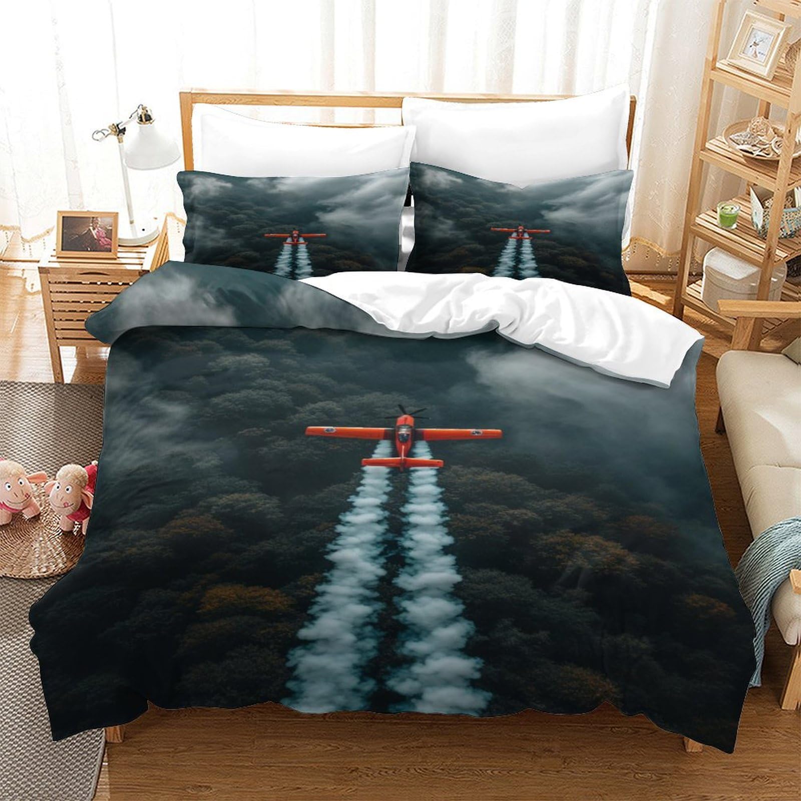 P1s9u7w5y Aircraft-3 Adventure Flight 3D Printed Duvet Cover Set 3Pcs Soft Microfiber Cloud Bedding Set Double（200X200cm）