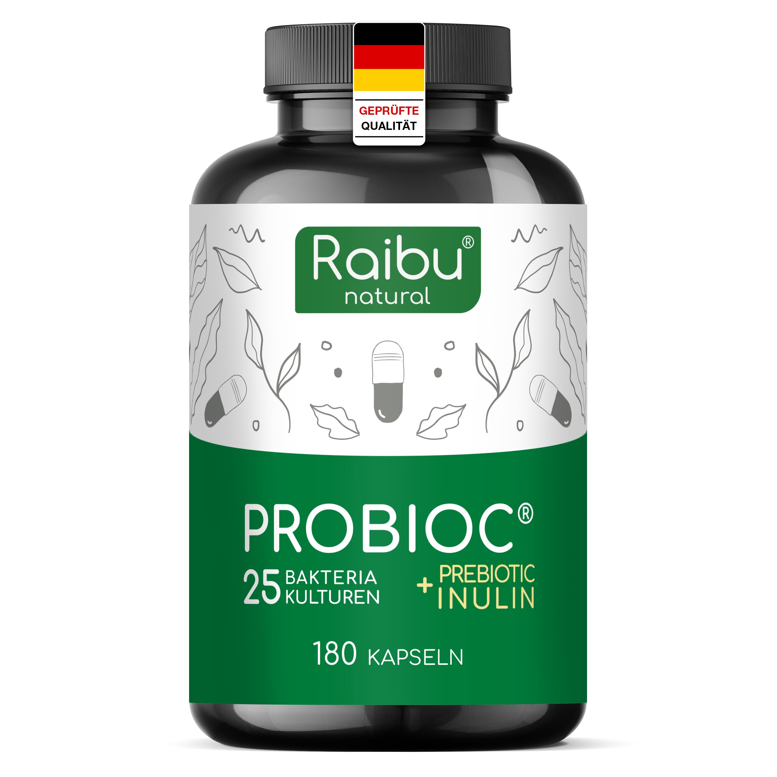 Probioc Kulturen Komplex - 25 Bakterienstämme + Inulin - 300 Mrd. KBE/g - 180 hochdosierte & magensaftresistente Kapseln - mit Lactobacillus & Bifidobakterien - Raibu