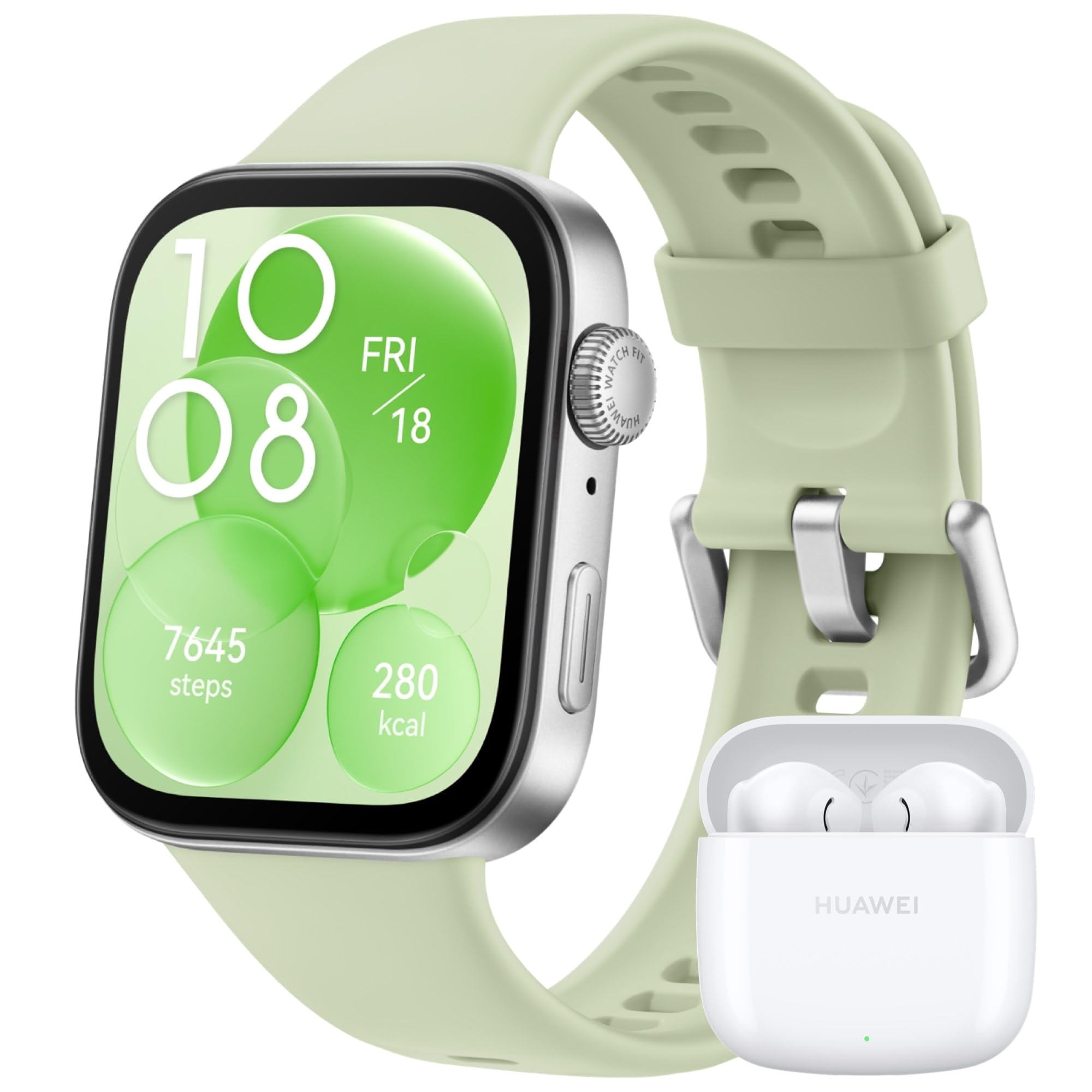 HUAWEI Watch FIT 3, Display AMOLED da 1.82", Monitoraggio fitness e salute, Compatibilie con iOS e Android, Batteria fino a 10 giorni, Chiamate Bluetooth, Green Fluoroelastomero + Freebuds SE 2 White