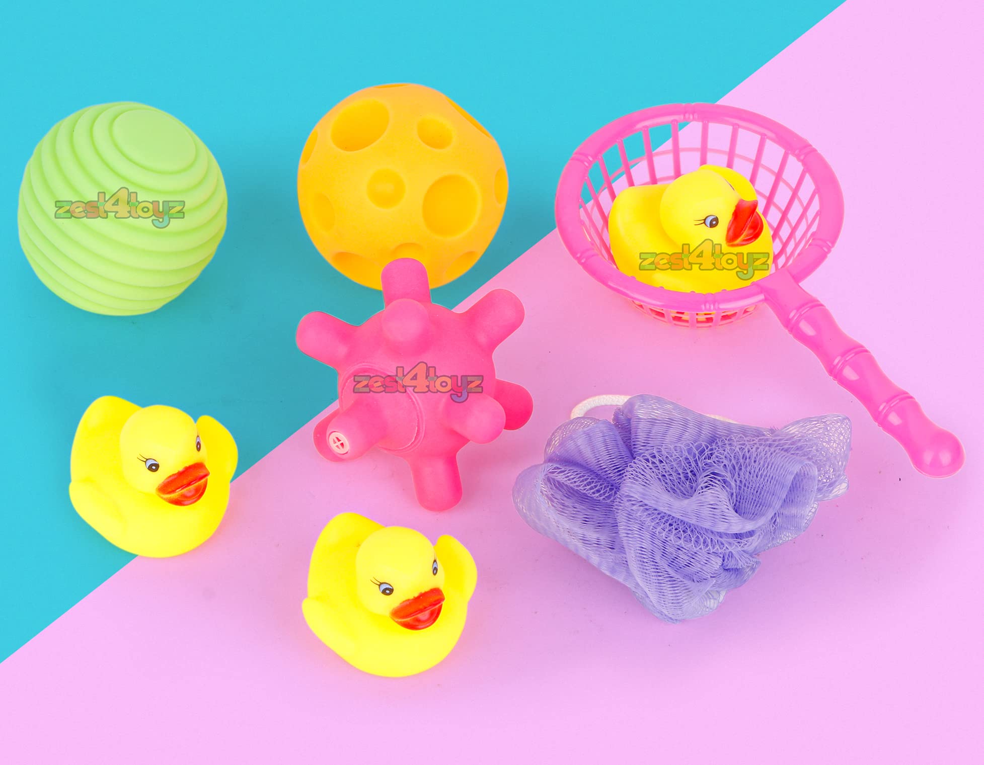 Zest 4 Toyz Chu Chu Duck Baby Bath Tub Toys Squeeze Soft Balls and 3 Duck Animal Toys with net and Bath Sponge for Toddler Kids - Pack of 8 (Assorted Color) (B08QYJMD3F) Amazon Price History, Amazon Price Tracker