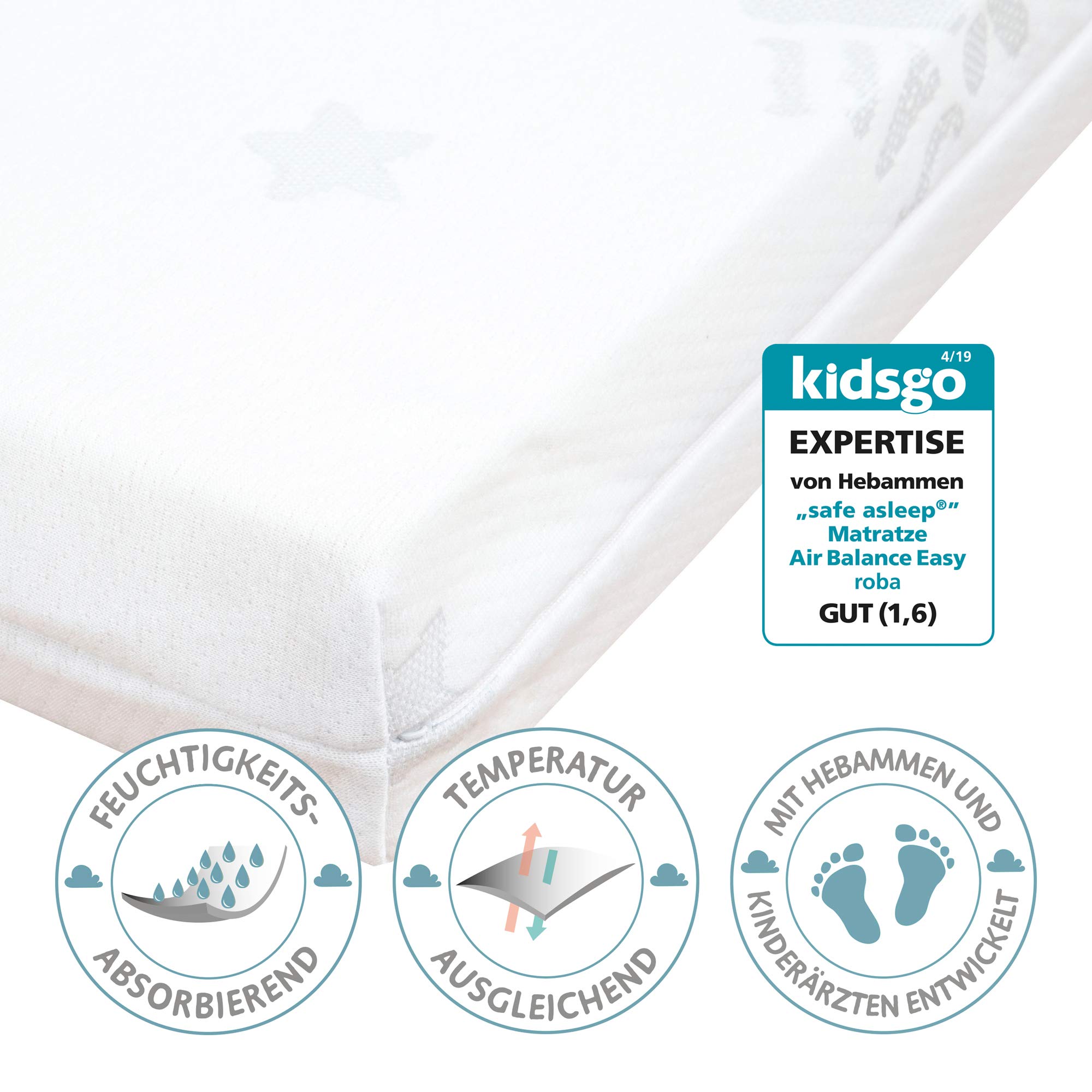 roba Materasso per Box safe asleep Air, Rettangolare, 75 x 100 cm, Rivestimento in Jacquard, Imbottito, Sfoderabile e Lavabile, con Zip, Bianco