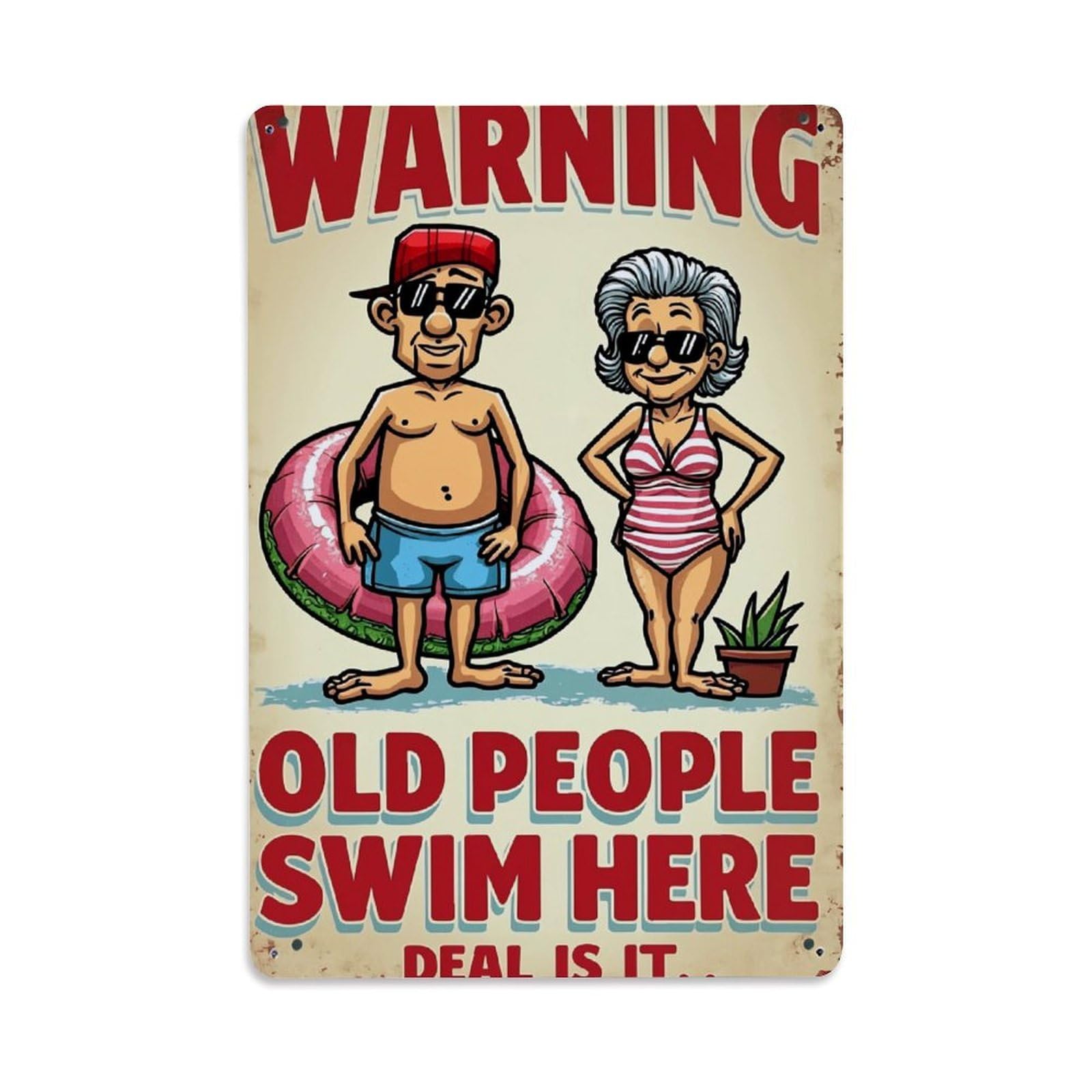 Nestemfo Vintage Warning Old People Swim Here Tin Sign Metal Sign, Living Room,Bar, Home, Bedroom Wall Decor,Retro Metal Poster 8X12 Inches