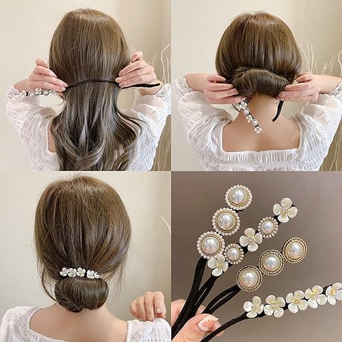 Miniatura 2 de Merisny Máquina para hacer moños de pelo con flores de perlas, 4 piezas, clip mágico, estilo francés, moño en forma de dona, antiguo fabricante de