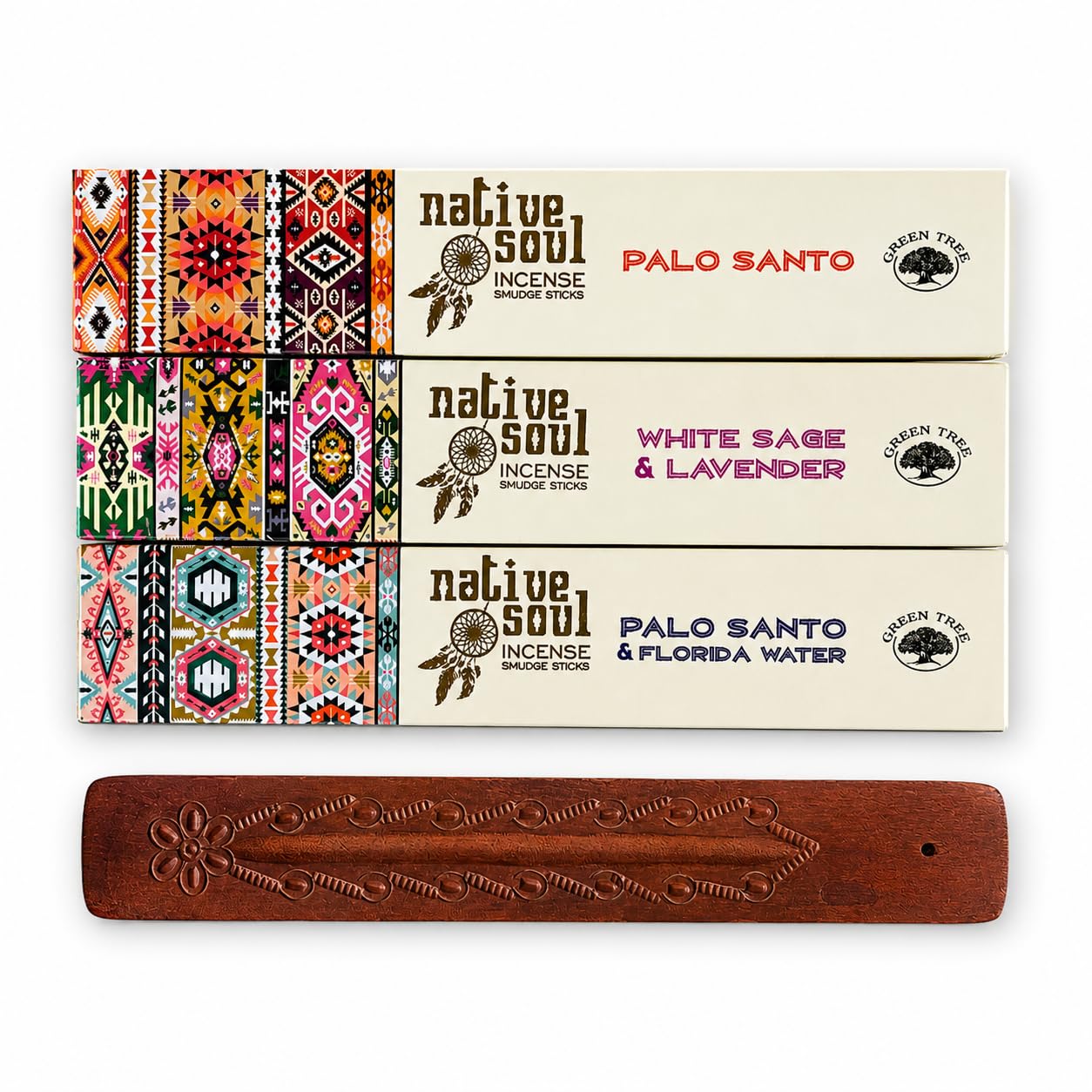 Buddha-Buddha Green Tree Native Soul Incense Smudge Sticks, Palo Santo, White Sage & Lavender, 3 Boxes, 30 Sticks With Wooden Ash Catcher