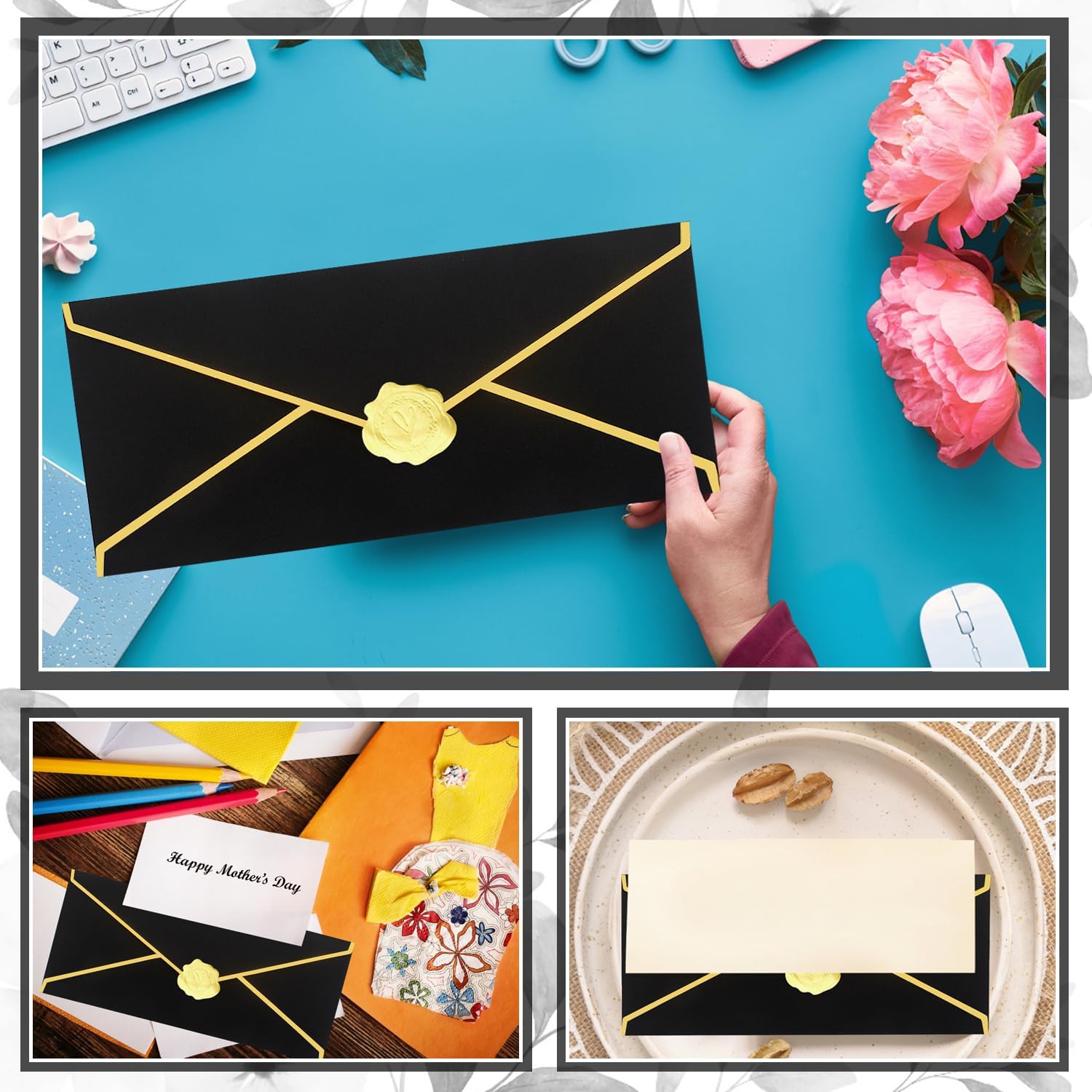 Enveloppes professionnelles noires bordure dorée 150 g/m² 24x10 cm autocollants dorés