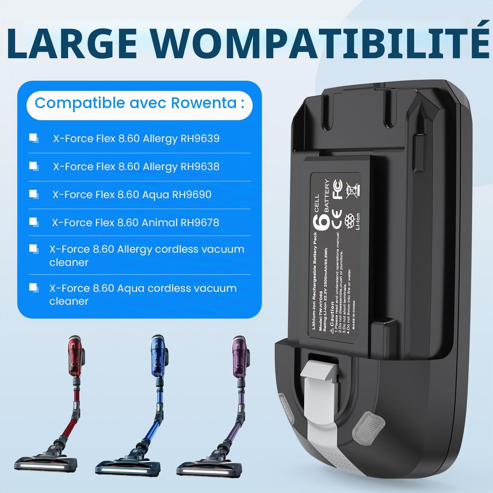 ASUNCELL Batterie lithium-ion 22,2 V 3,5 Ah compatible avec aspirateur sans fil Rowenta X-Force 8.60 RH96/TY96/EO96 - série ZR009700 Batterie de rechange