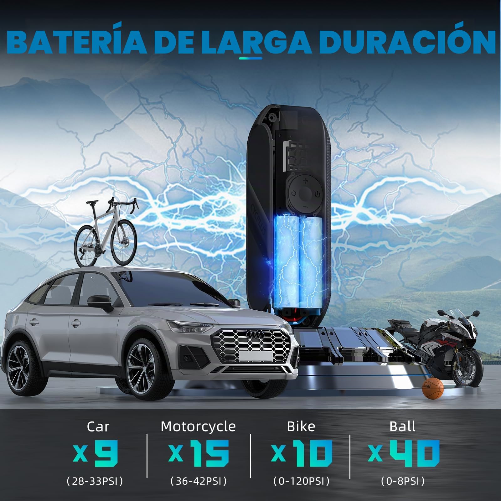 CYCPLUS Compresor de Aire Portátil Eléctrico para Bicicletas y Vehículos, 150 PSI, Recargable con Pantalla LED y Apagado Automático. Ideal para Neumáticos de Bicicleta, Coche, Motocicleta y Balones
