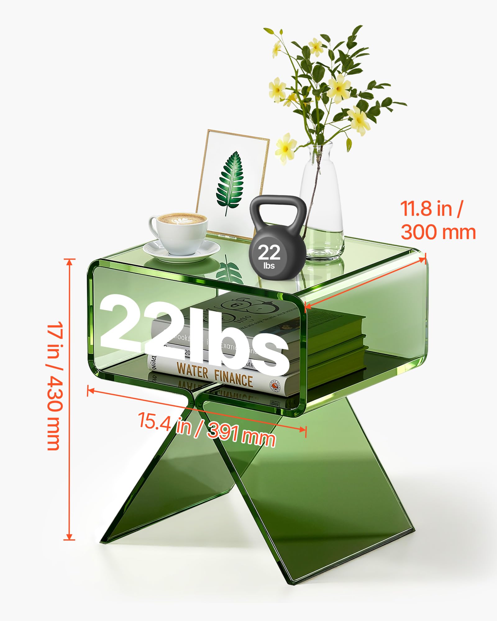 VEVOR Tavolino in Acrilico con Ripiano, Tavolo da Caffè per Soggiorno, Camera da Letto, Decorazione per la Casa, 30 x 39,1 x 43 cm, Moderno Tavolino da Divano Rettangolare in Acrilico, Verde