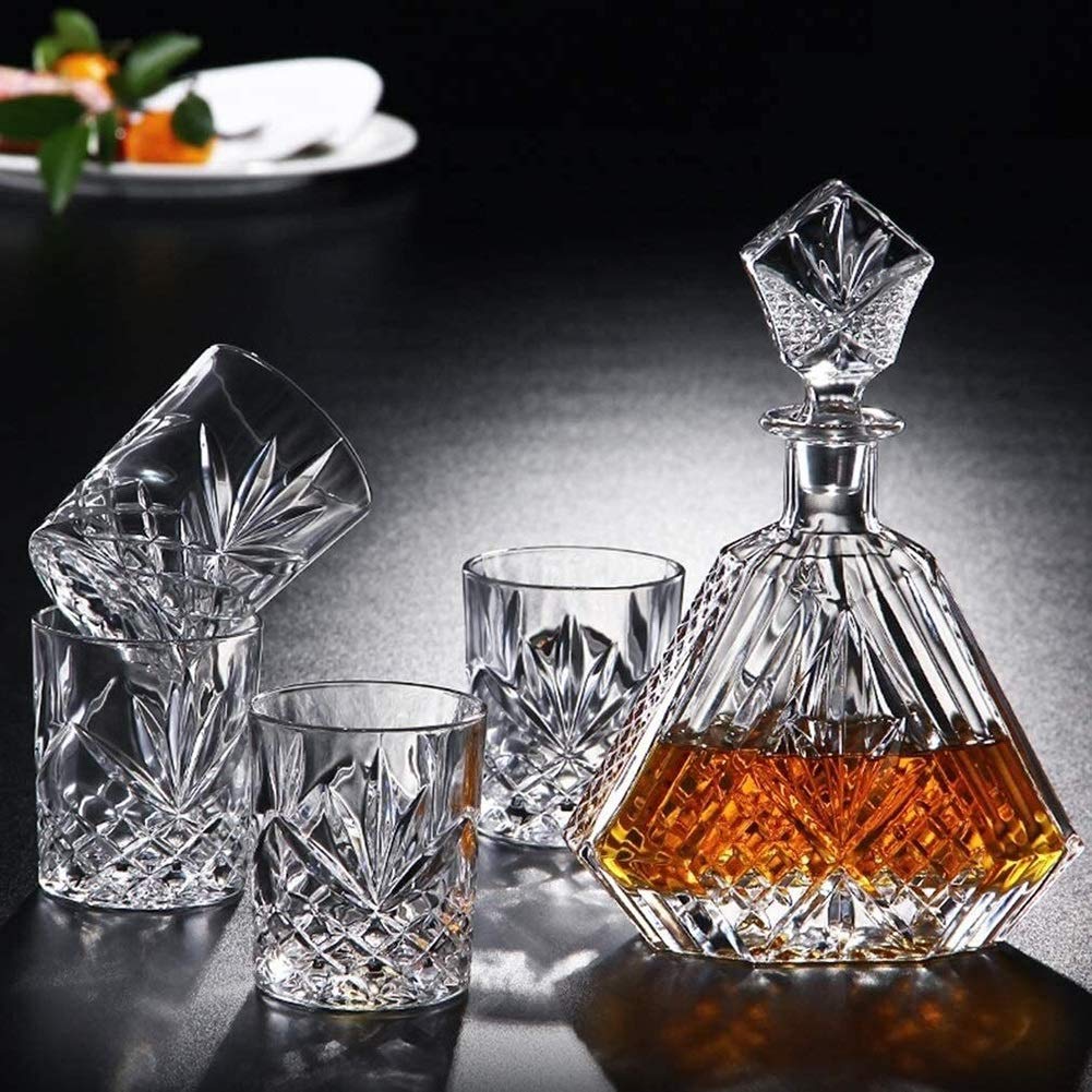 Zestaw karafek do whisky prezenty karafka do whisky i zestaw szklanek szkocki, burbon, alkohol, 5-częściowy, 100% bezołowiowy kryształ z pudełkiem upominkowym, solidny i stabilny