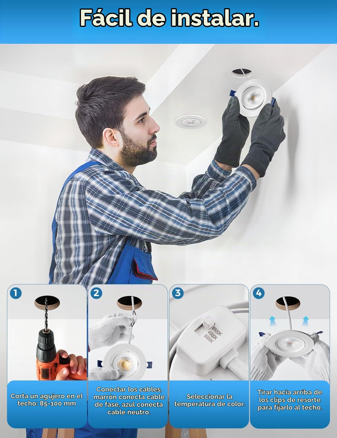 Downlight LED Techo Empotrable Orientable, 7W 650LM Focos Interior Techo Empotrable Blanco Cálido 3000K Blanca Neutro 4000K Blanco Frío 6500K, IP44 Ojos de Buey LED para Baño, Corte Ф85-100mm, 6 Pack | Cálida/Neutra/Fría 3000/4000/6500K, IP44, No Regulabl