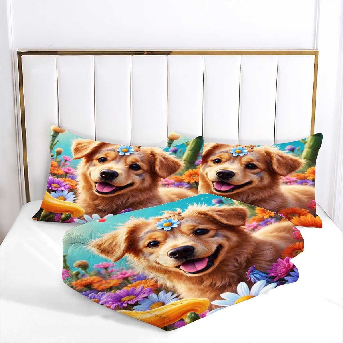 Edredón King Size Estampado 3D | Golden Retriever, Nórdico Máximo Confort para Camas Grandes, Lavable, Reversible, Incluye 2 Fundas de Almohada 50x75 cm_1482a
