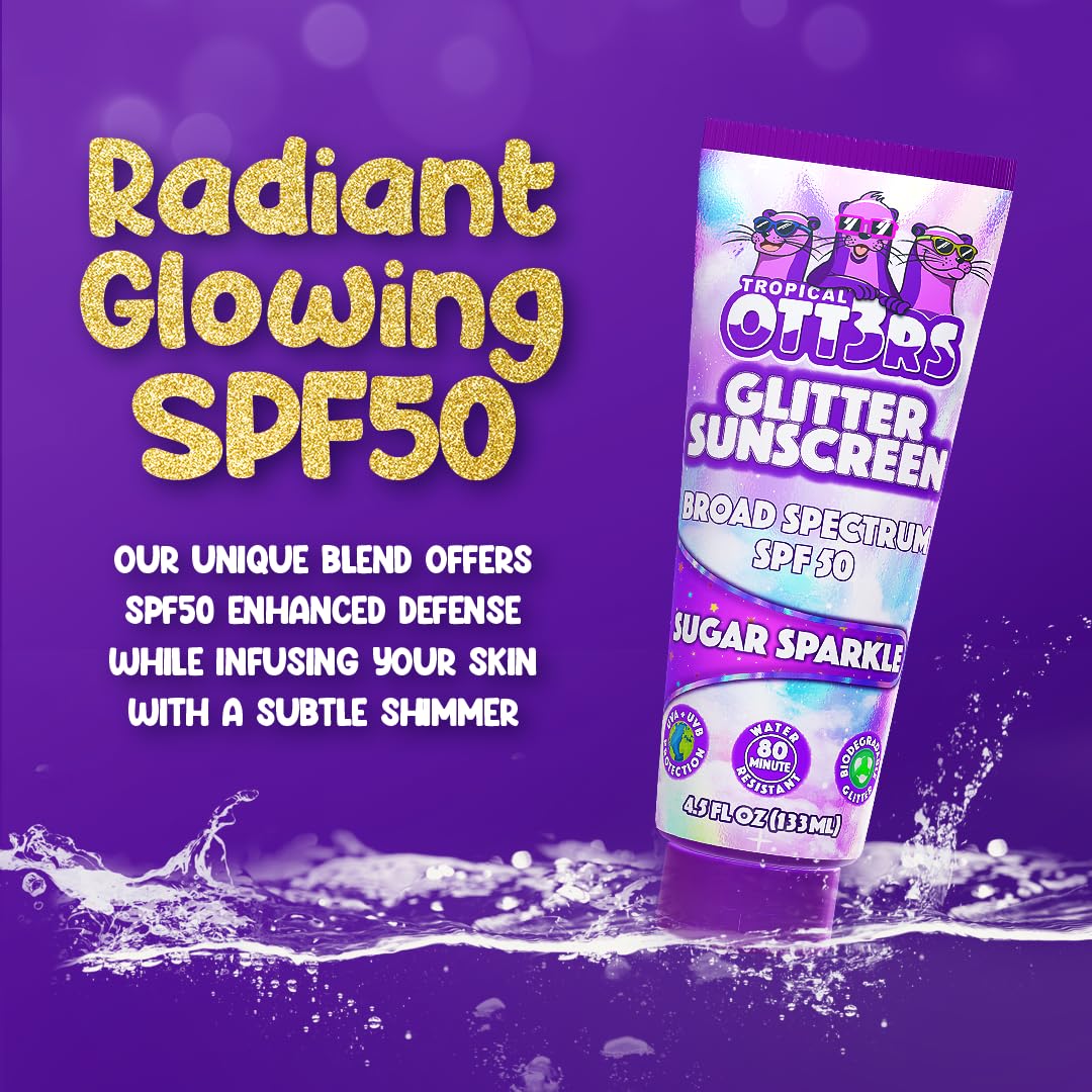 Glitter Sunscreen SPF 50 Lotion 4.5oz - Sparkle & Shimmer Sunscreen - Colored Sun screen for Kids & Women - UVA/UVB Sunshine Protection + 80 Min Water Resistant - (No Fragrance) (USA Made)